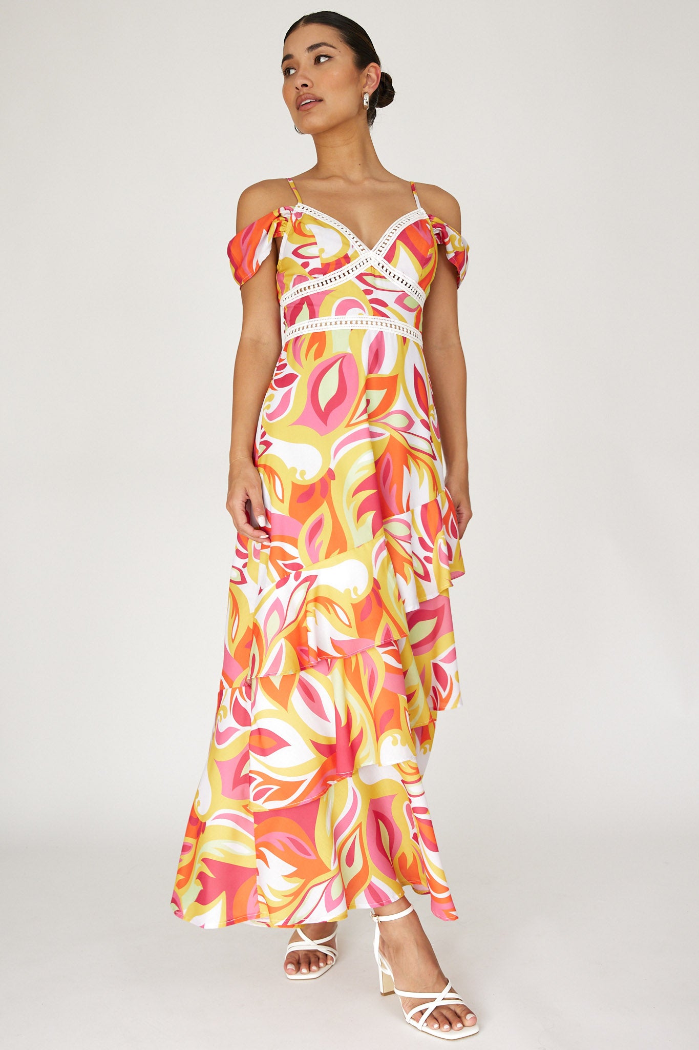Seina Off-Shoulder Crochet Trim Dress Print Orange-Maymioy