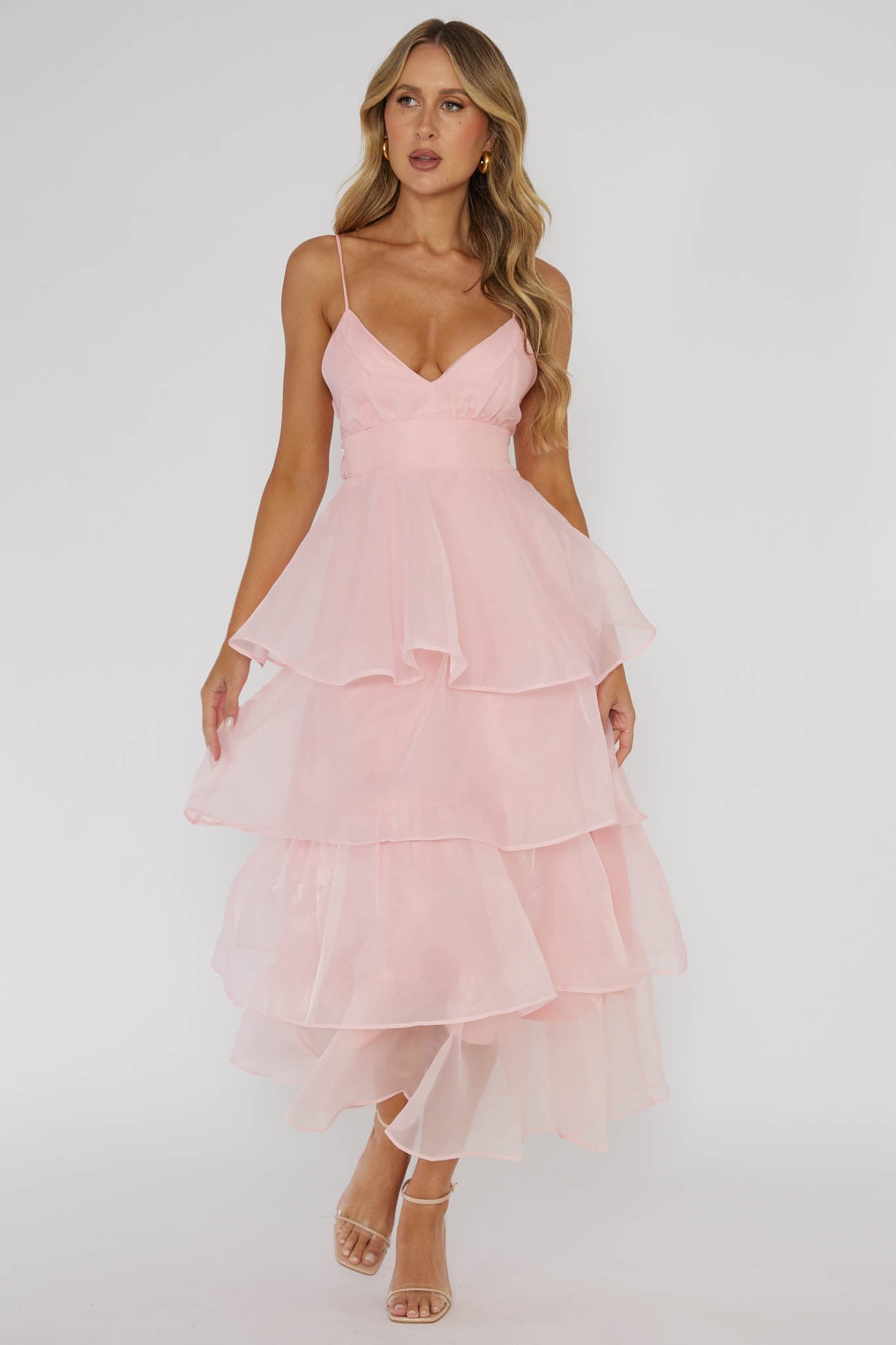 Made For You Tiered Ruffle Midi Dress Pink-Maymioy