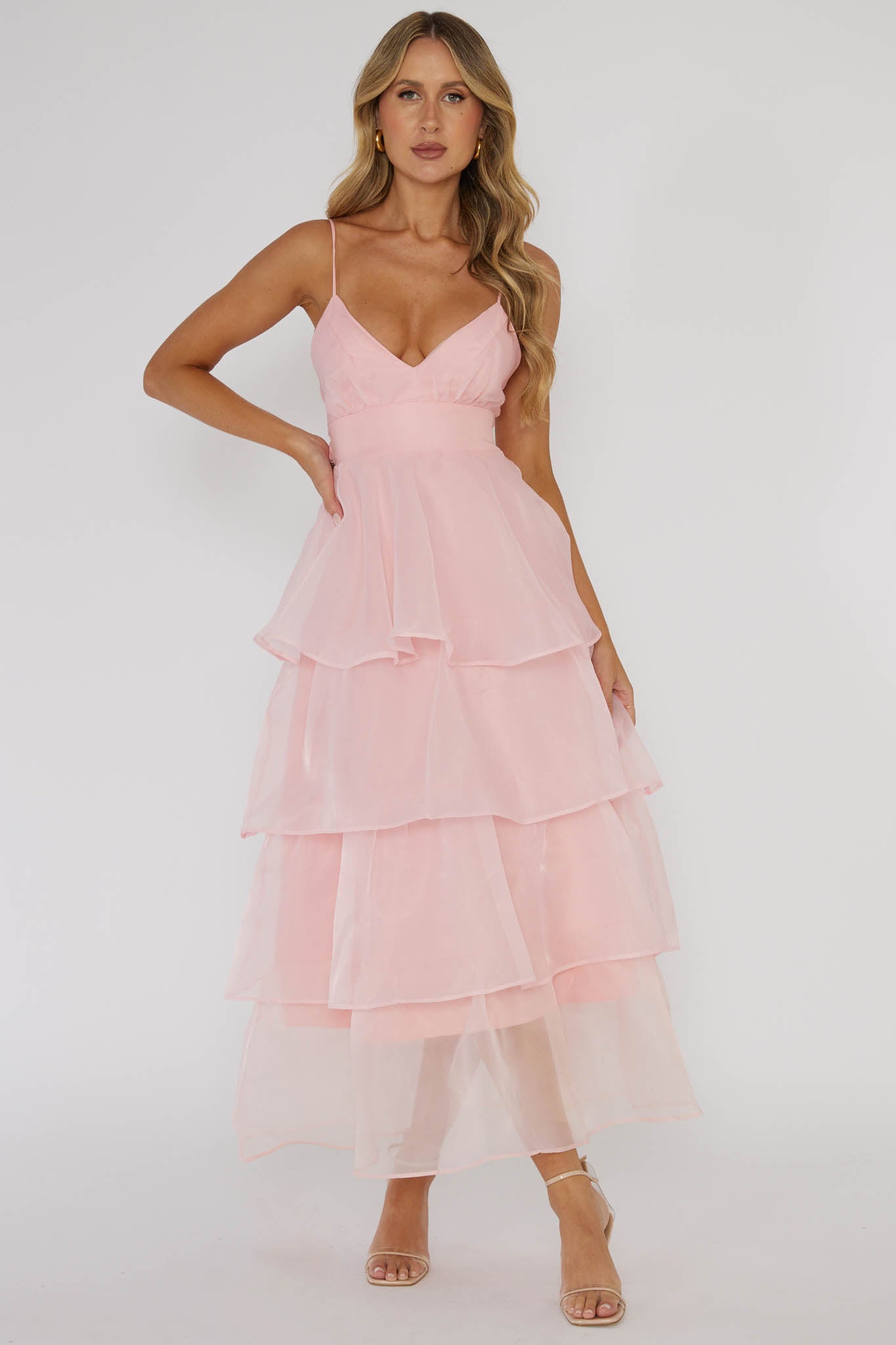 Made For You Tiered Ruffle Midi Dress Pink-Maymioy
