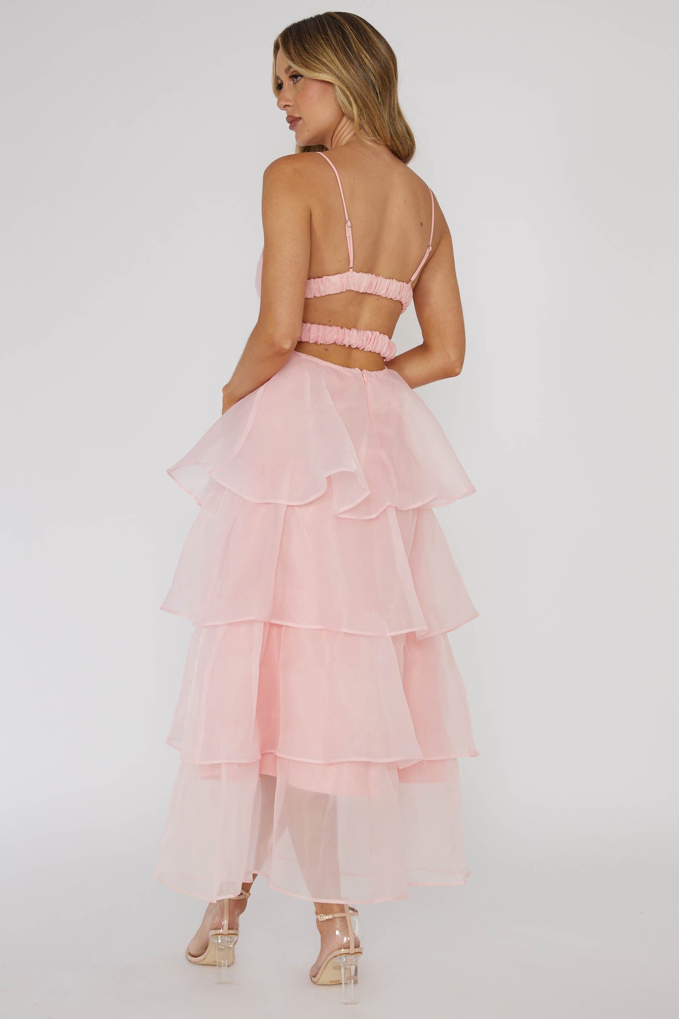 Made For You Tiered Ruffle Midi Dress Pink-Maymioy