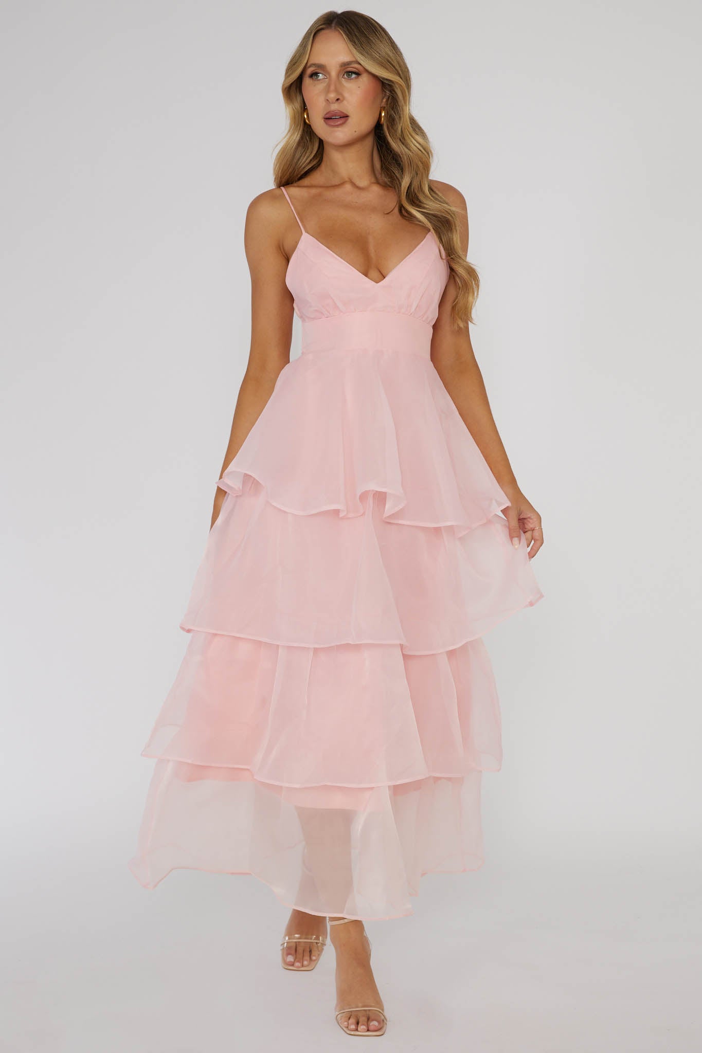 Made For You Tiered Ruffle Midi Dress Pink-Maymioy