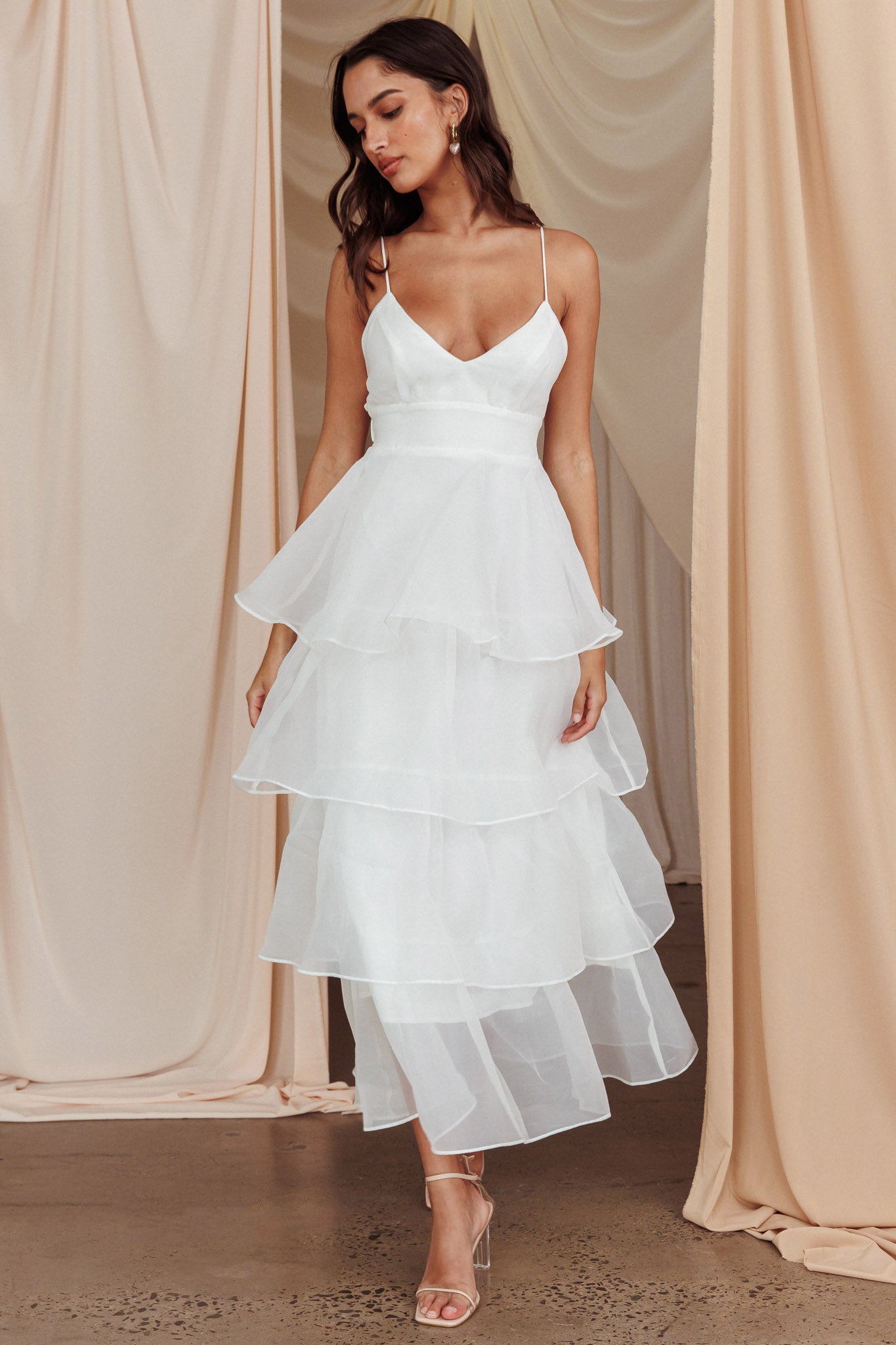 Made For You Tiered Ruffle Midi Dress White-Maymioy