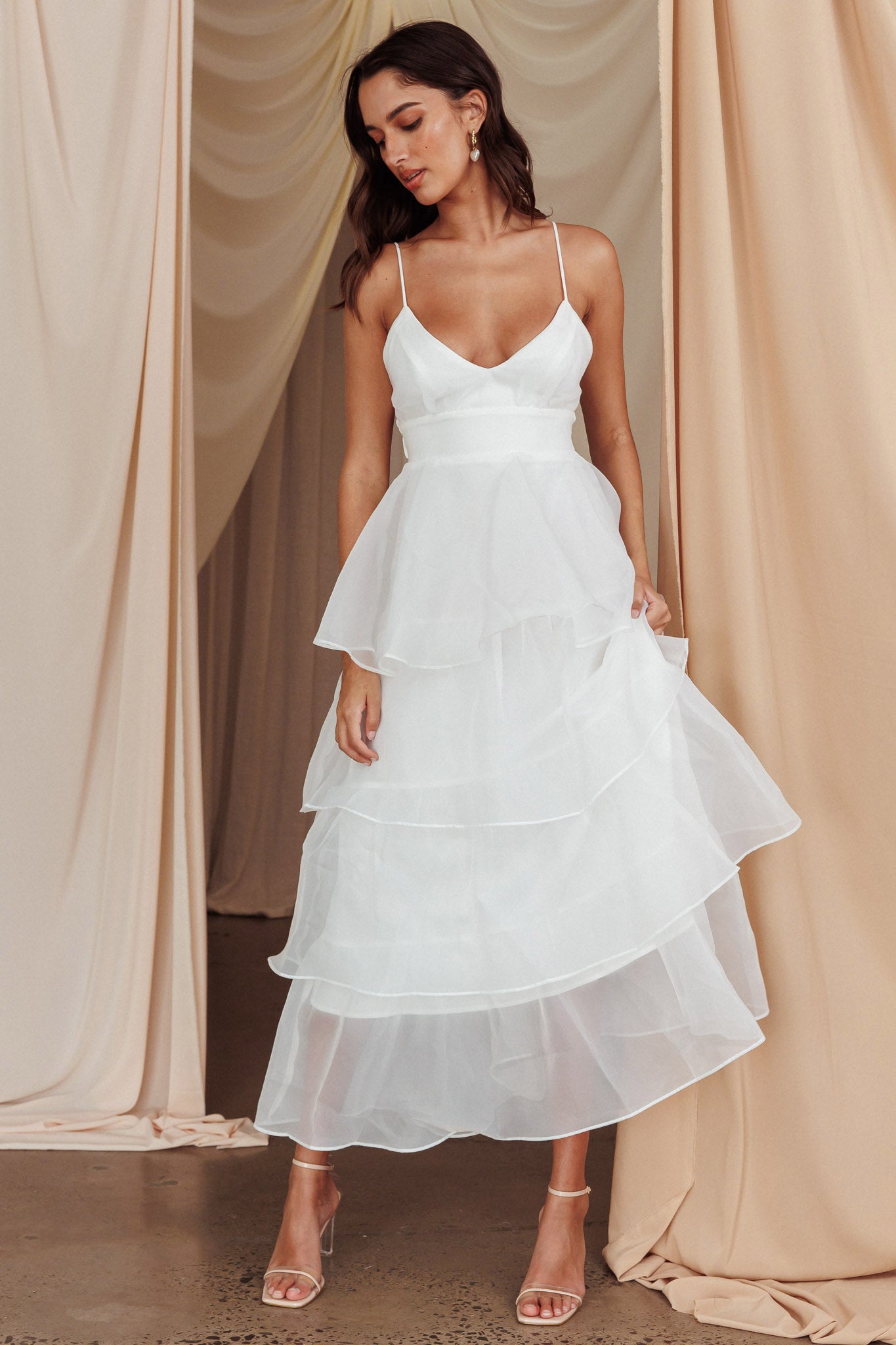 Made For You Tiered Ruffle Midi Dress White-Maymioy