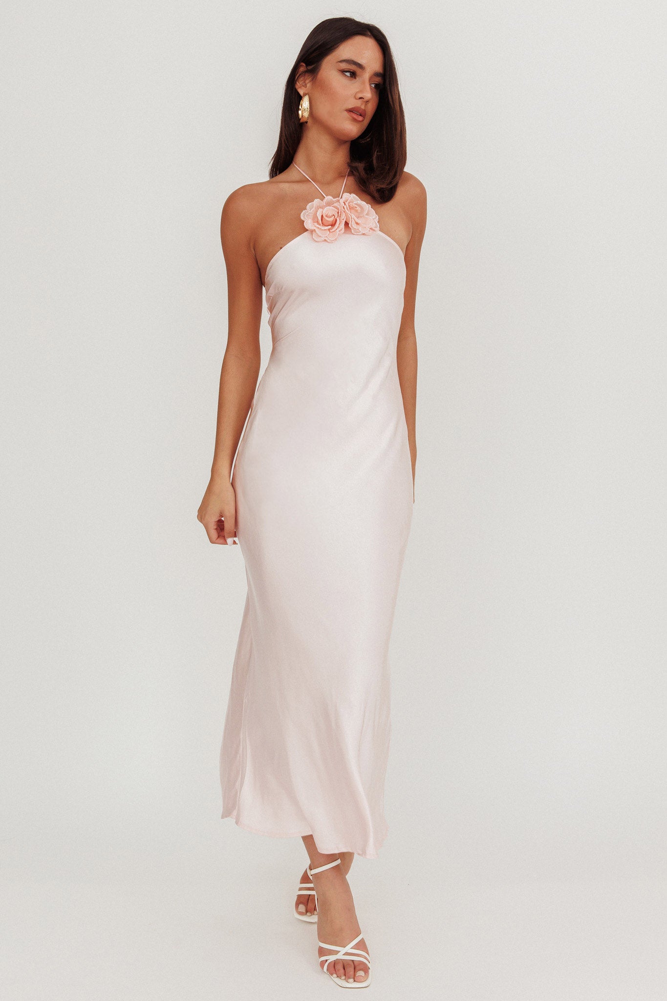 High Roller Flower Decoration Halter Dress Baby Pink-Maymioy