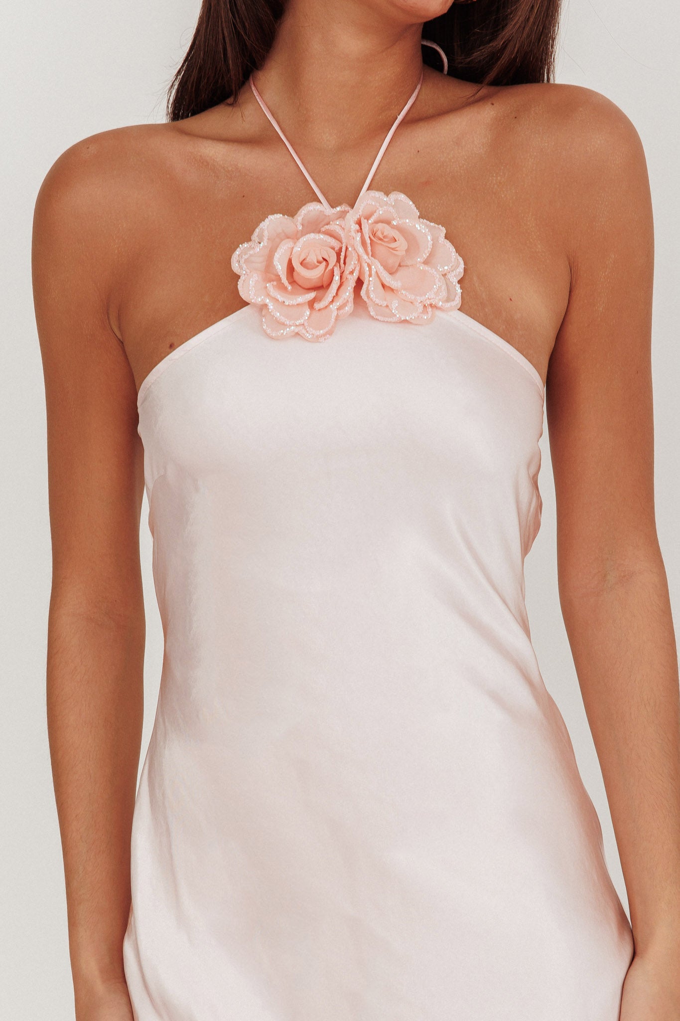 High Roller Flower Decoration Halter Dress Baby Pink-Maymioy