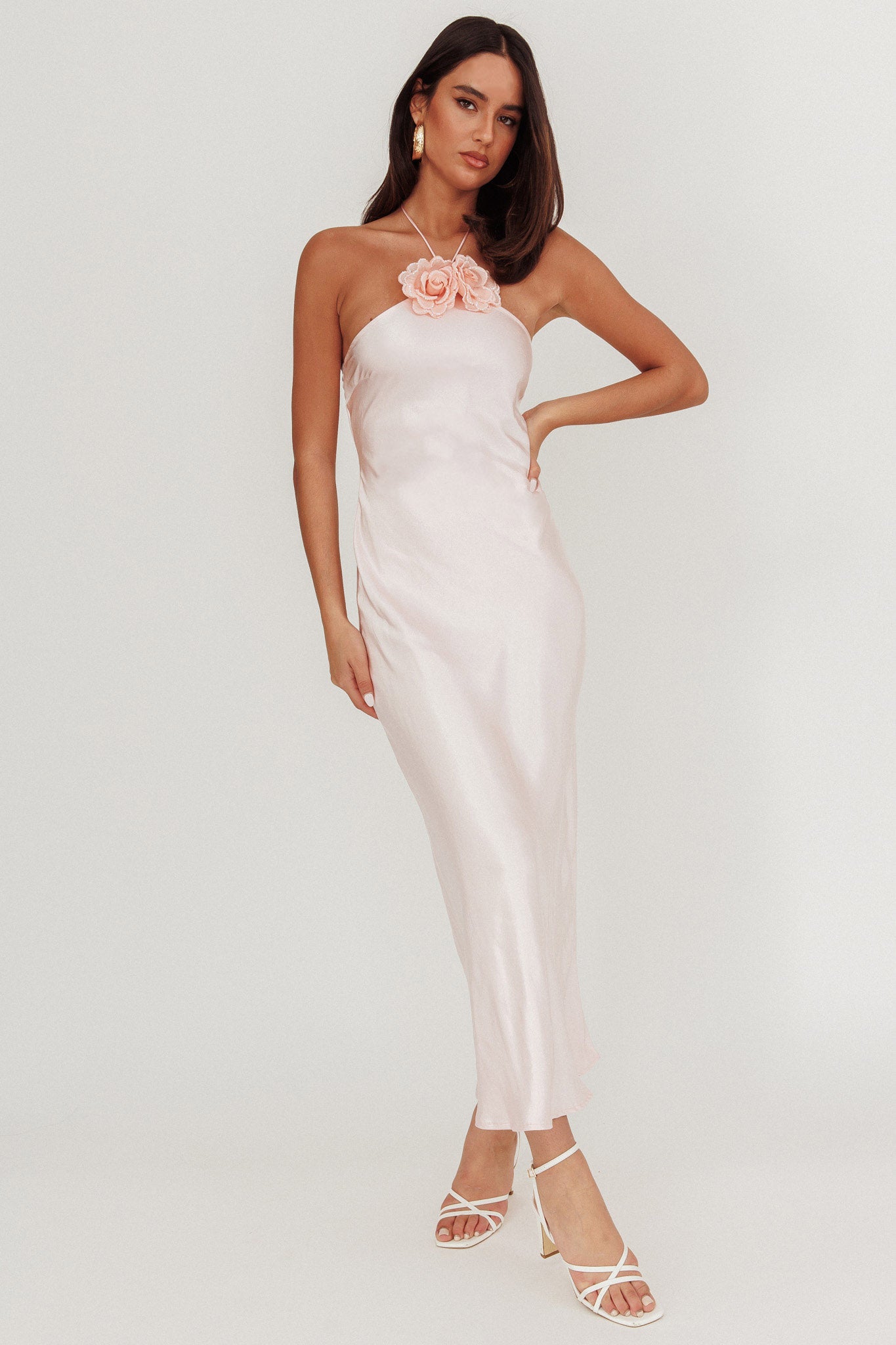 High Roller Flower Decoration Halter Dress Baby Pink-Maymioy