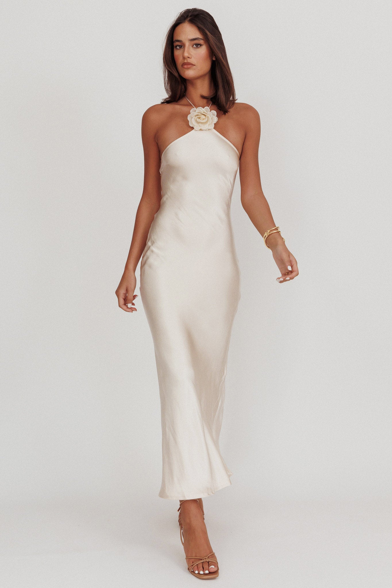 High Roller Flower Decoration Halter Dress Champagne-Maymioy