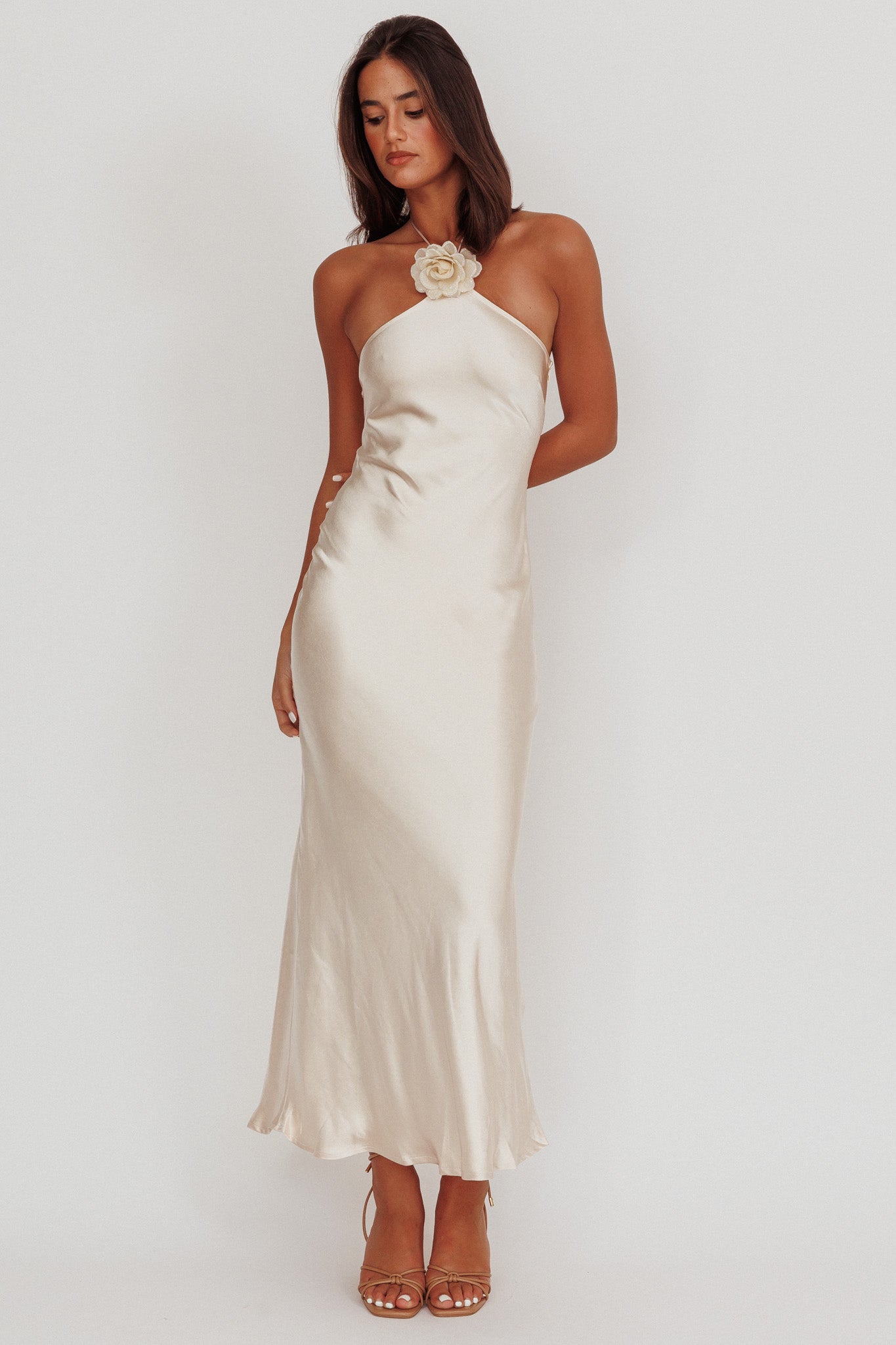 High Roller Flower Decoration Halter Dress Champagne-Maymioy