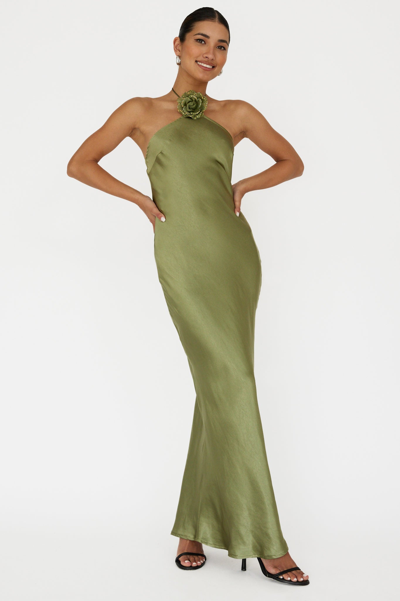 High Roller Flower Decoration Halter Dress Olive-Maymioy