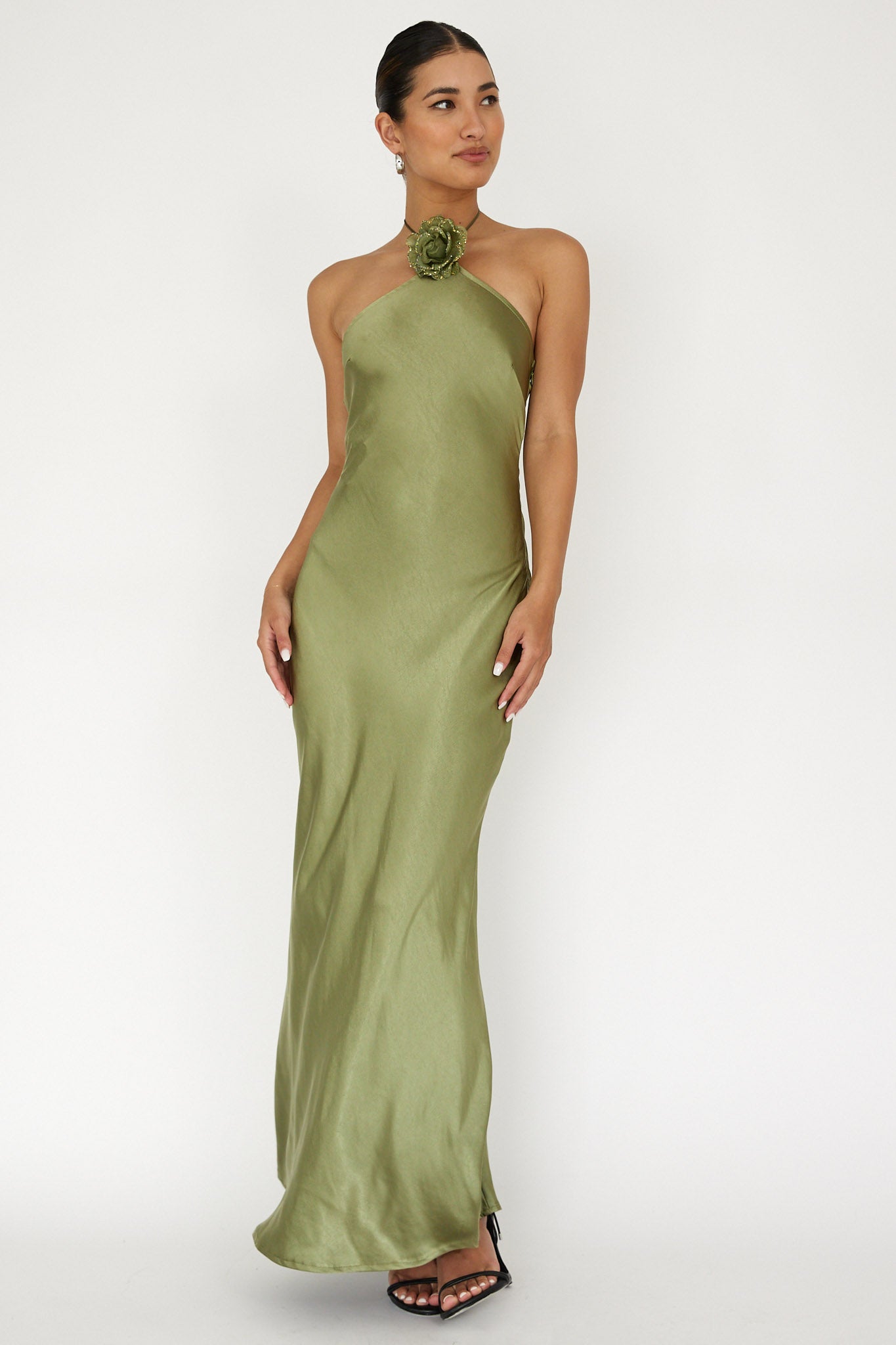 High Roller Flower Decoration Halter Dress Olive-Maymioy