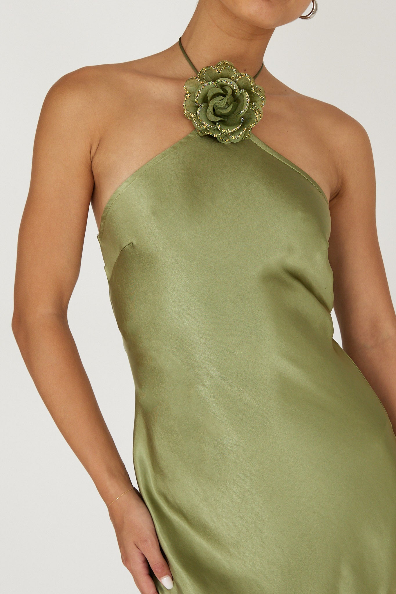 High Roller Flower Decoration Halter Dress Olive-Maymioy