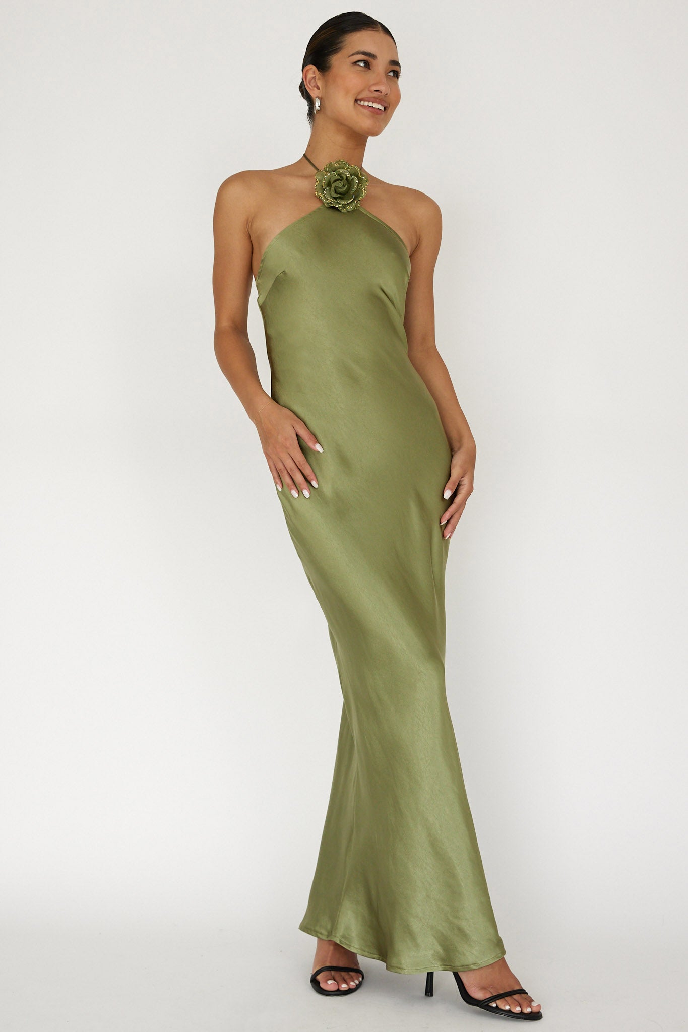 High Roller Flower Decoration Halter Dress Olive-Maymioy