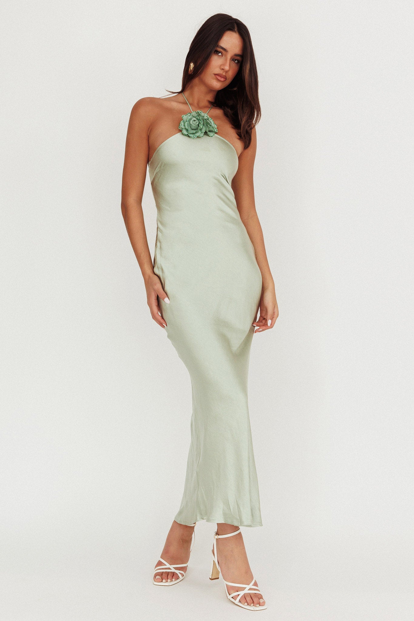 High Roller Flower Decoration Halter Dress Sage-Maymioy