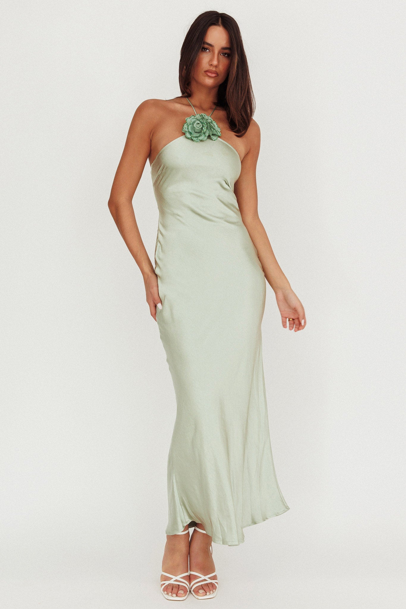 High Roller Flower Decoration Halter Dress Sage-Maymioy