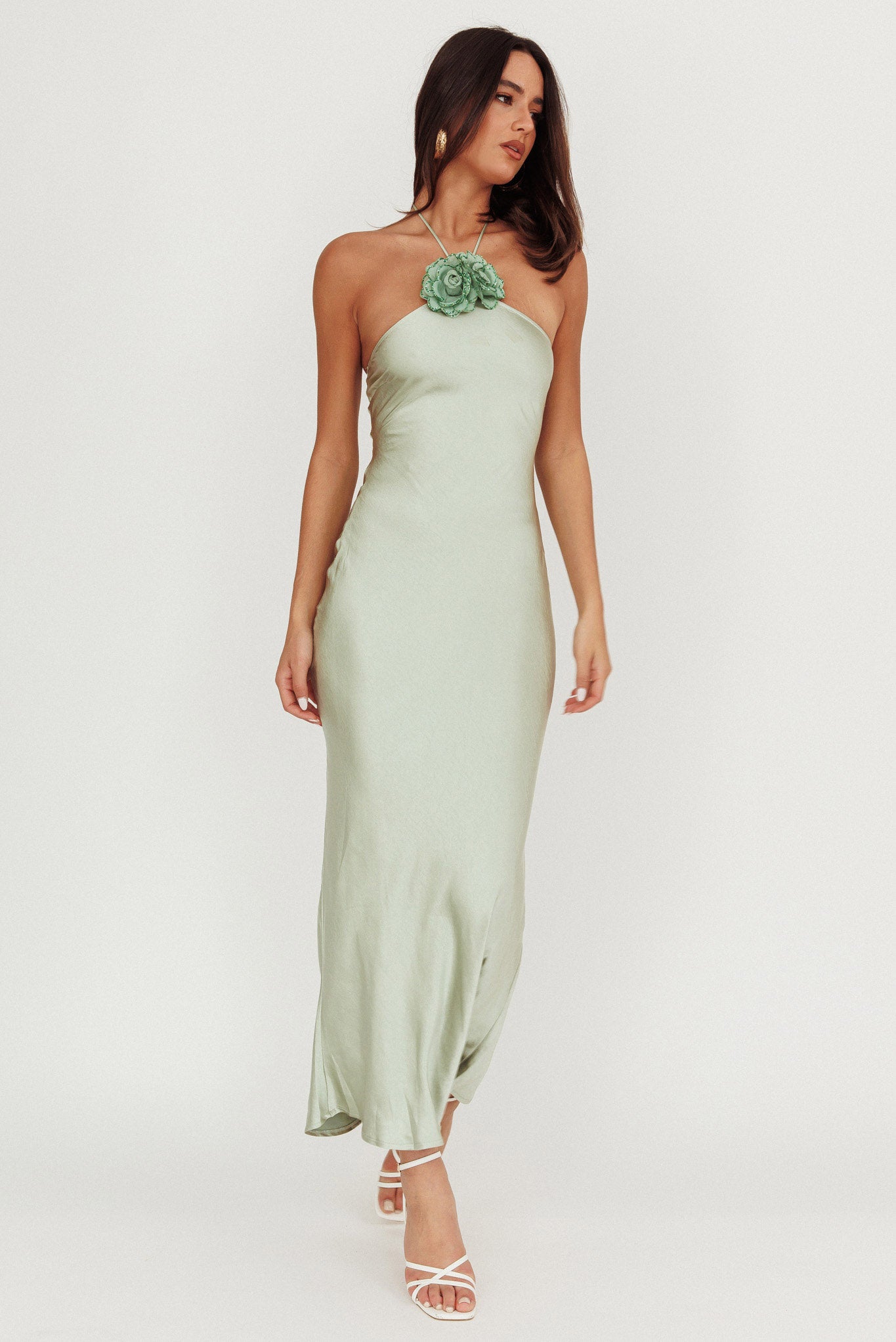High Roller Flower Decoration Halter Dress Sage-Maymioy