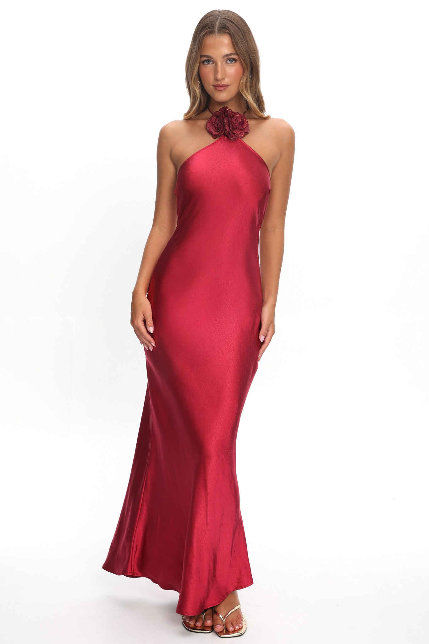 High Roller Flower Decoration Halter Dress Wine-Maymioy