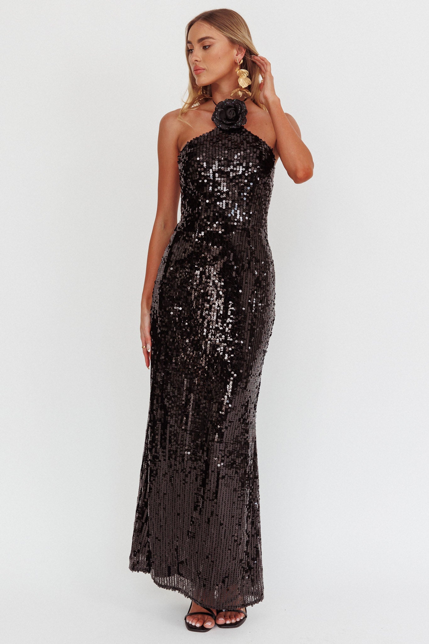 High Roller Flower Decoration Halter Dress Sequin Black-Maymioy