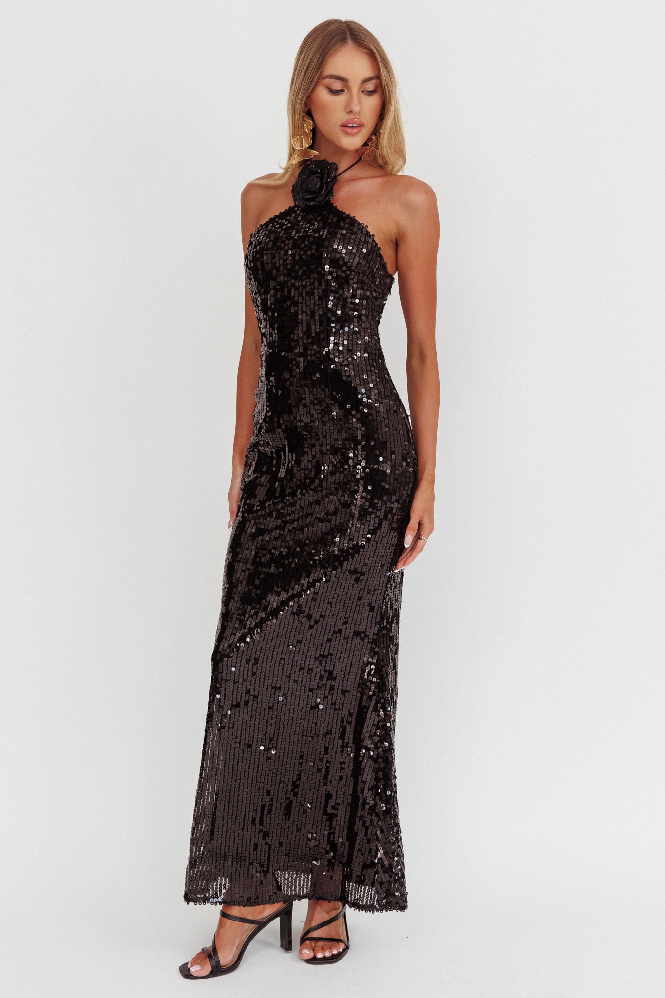 High Roller Flower Decoration Halter Dress Sequin Black-Maymioy