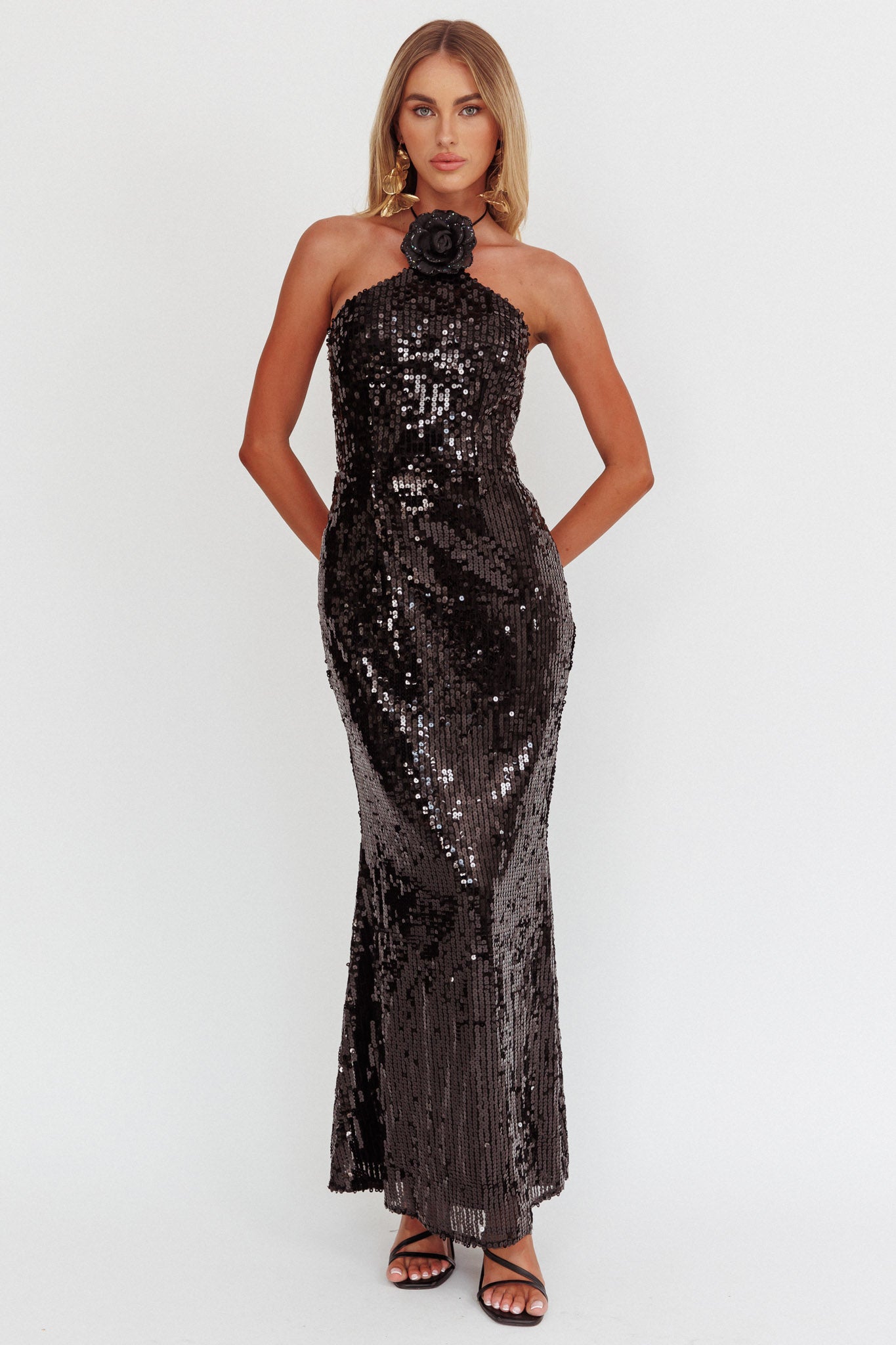High Roller Flower Decoration Halter Dress Sequin Black-Maymioy