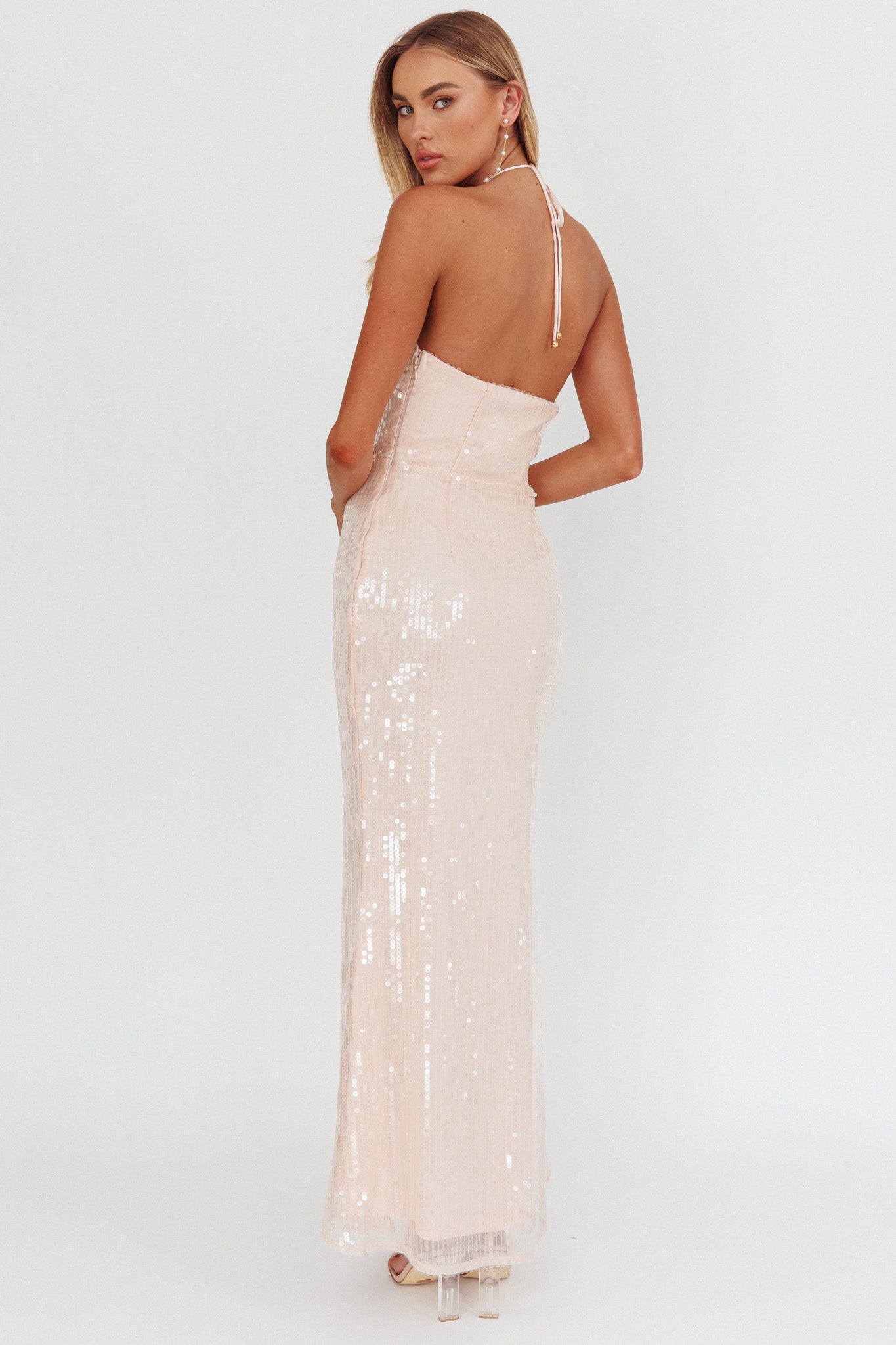 High Roller Flower Decoration Halter Dress Sequin Pink-Maymioy