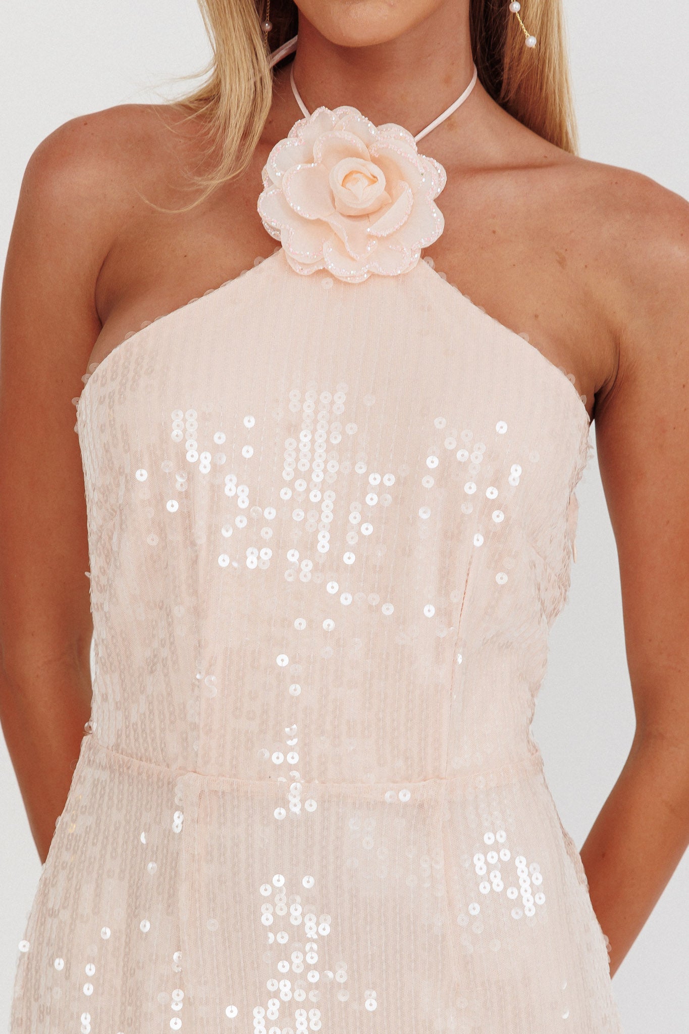 High Roller Flower Decoration Halter Dress Sequin Pink-Maymioy