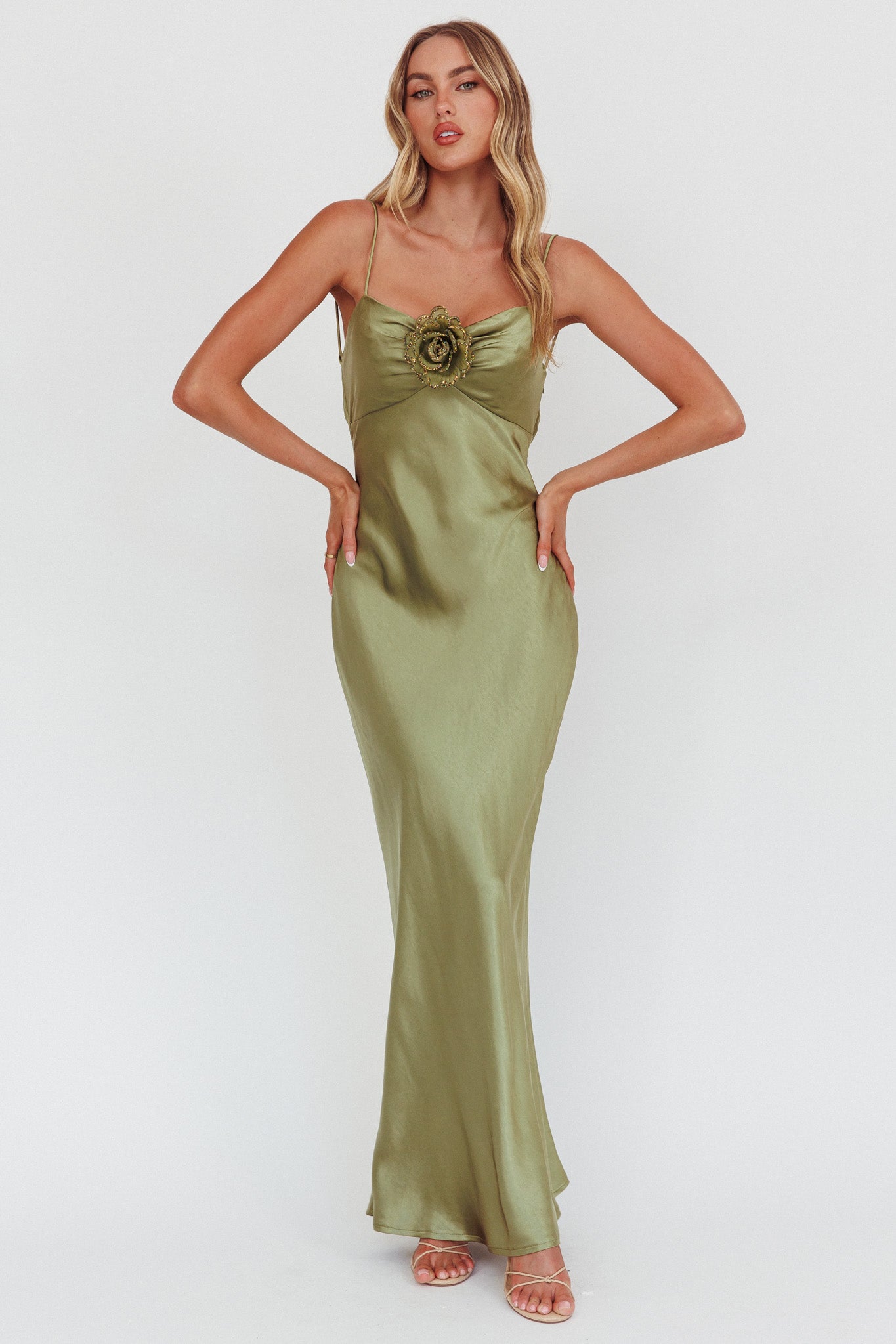 High Roller Cowl Back Rosette Maxi Dress Olive-Maymioy