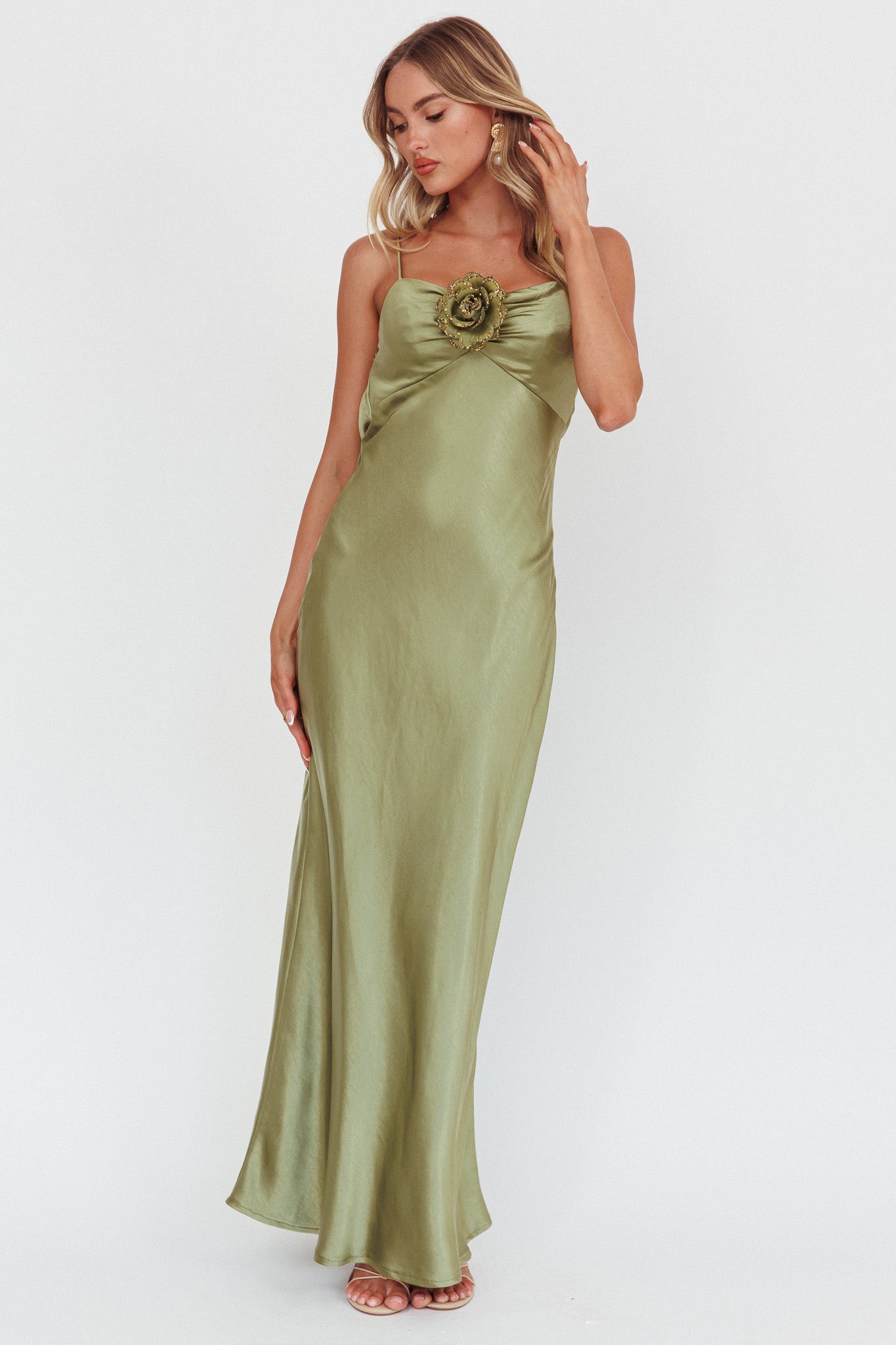 High Roller Cowl Back Rosette Maxi Dress Olive-Maymioy