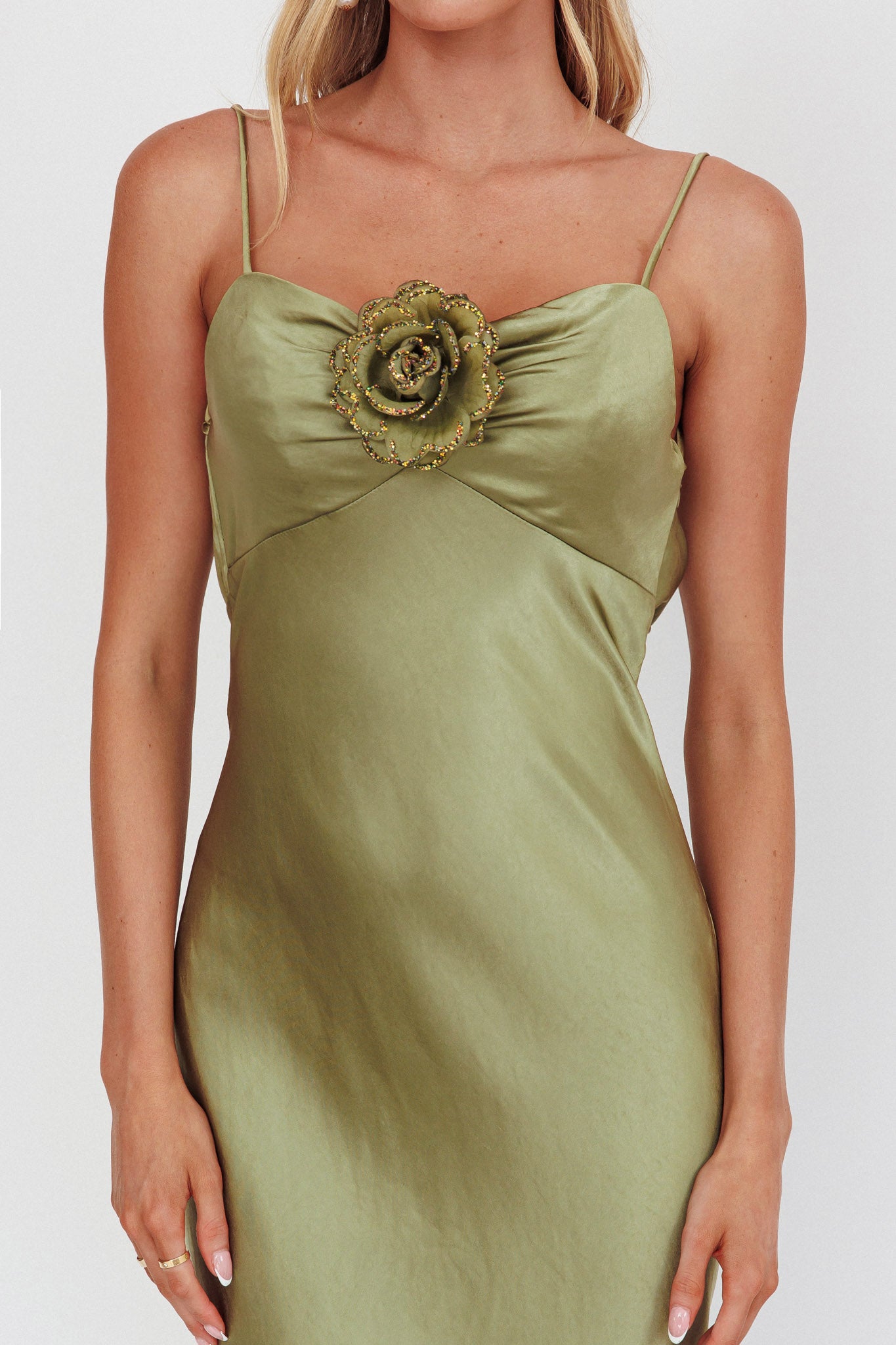 High Roller Cowl Back Rosette Maxi Dress Olive-Maymioy