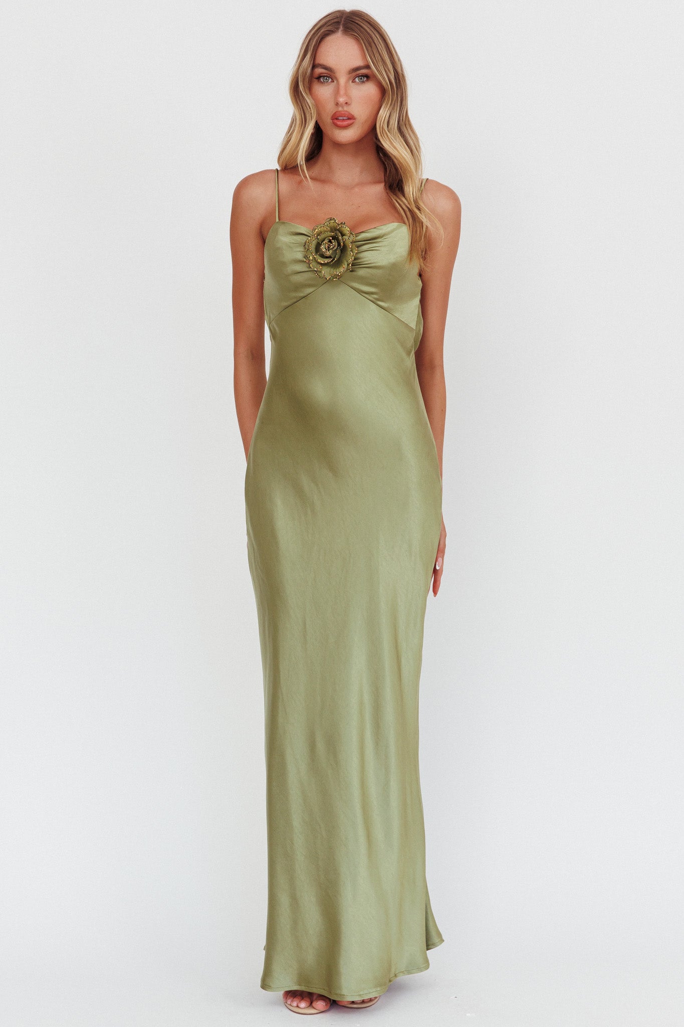 High Roller Cowl Back Rosette Maxi Dress Olive-Maymioy