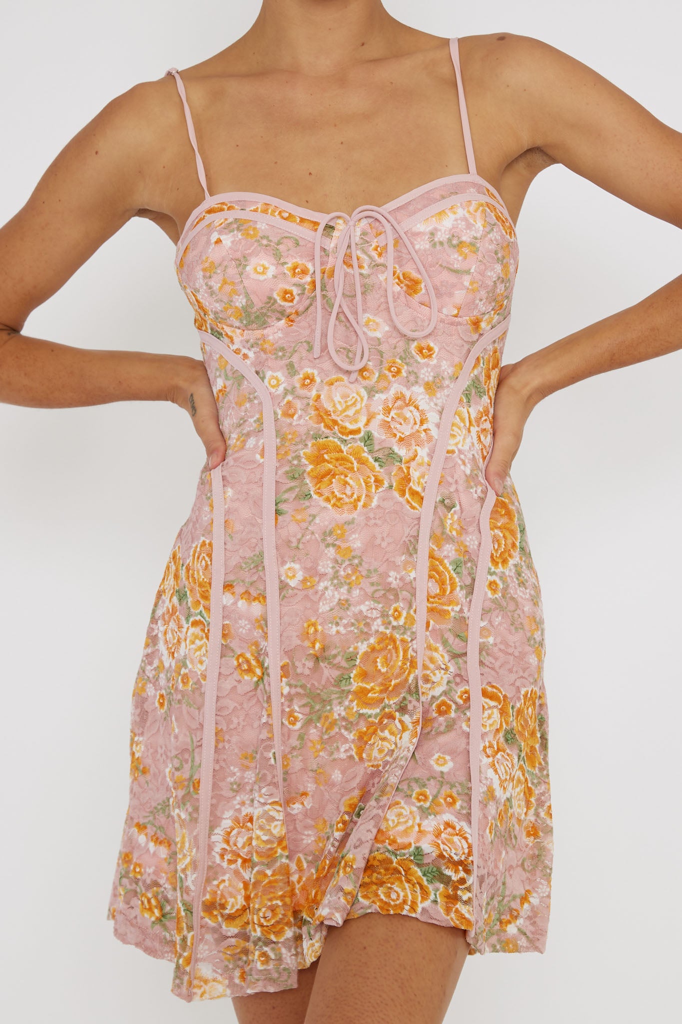 Find Your Way Lace Piping Mini Dress Pink-Maymioy