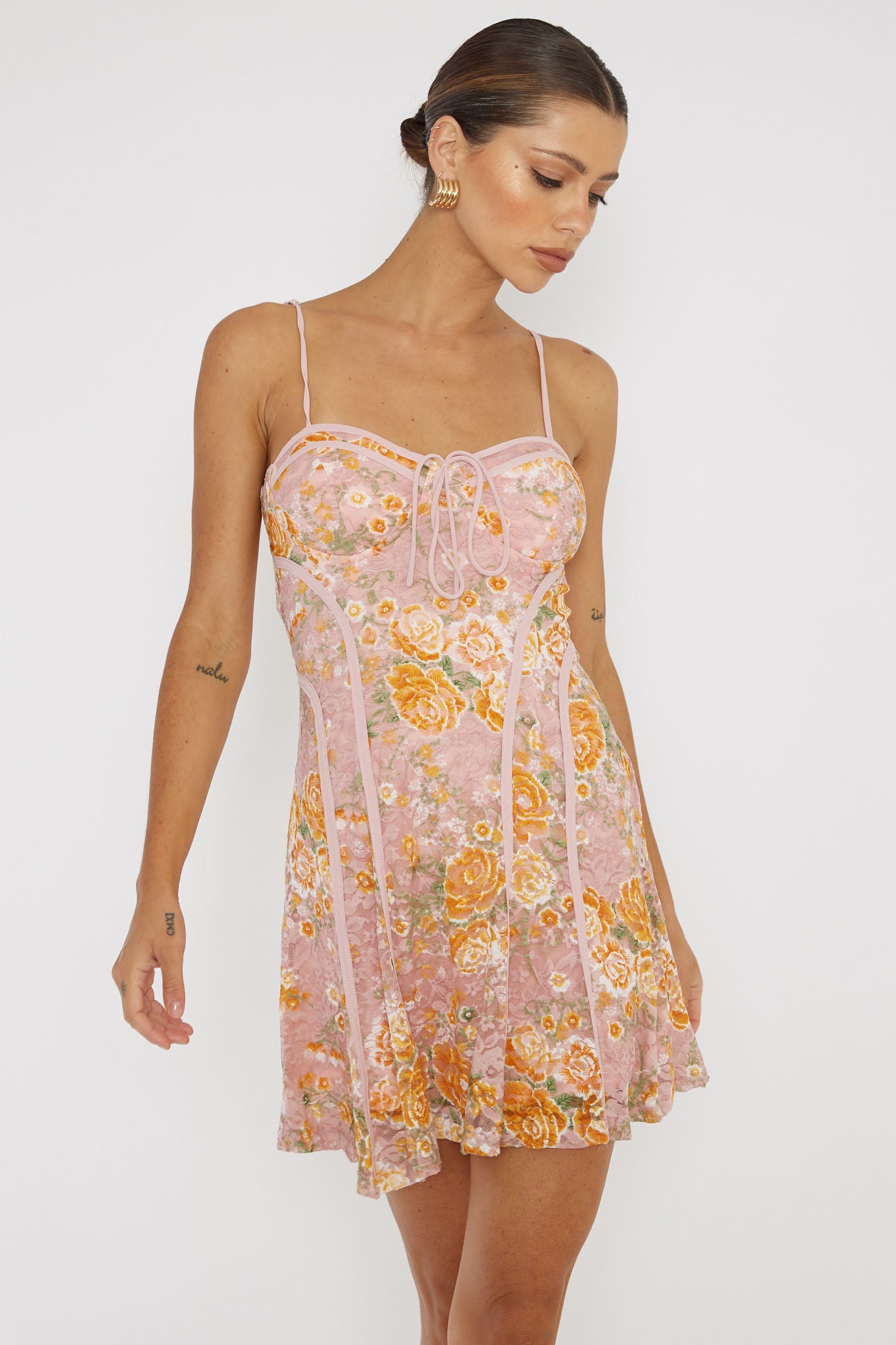 Find Your Way Lace Piping Mini Dress Pink-Maymioy