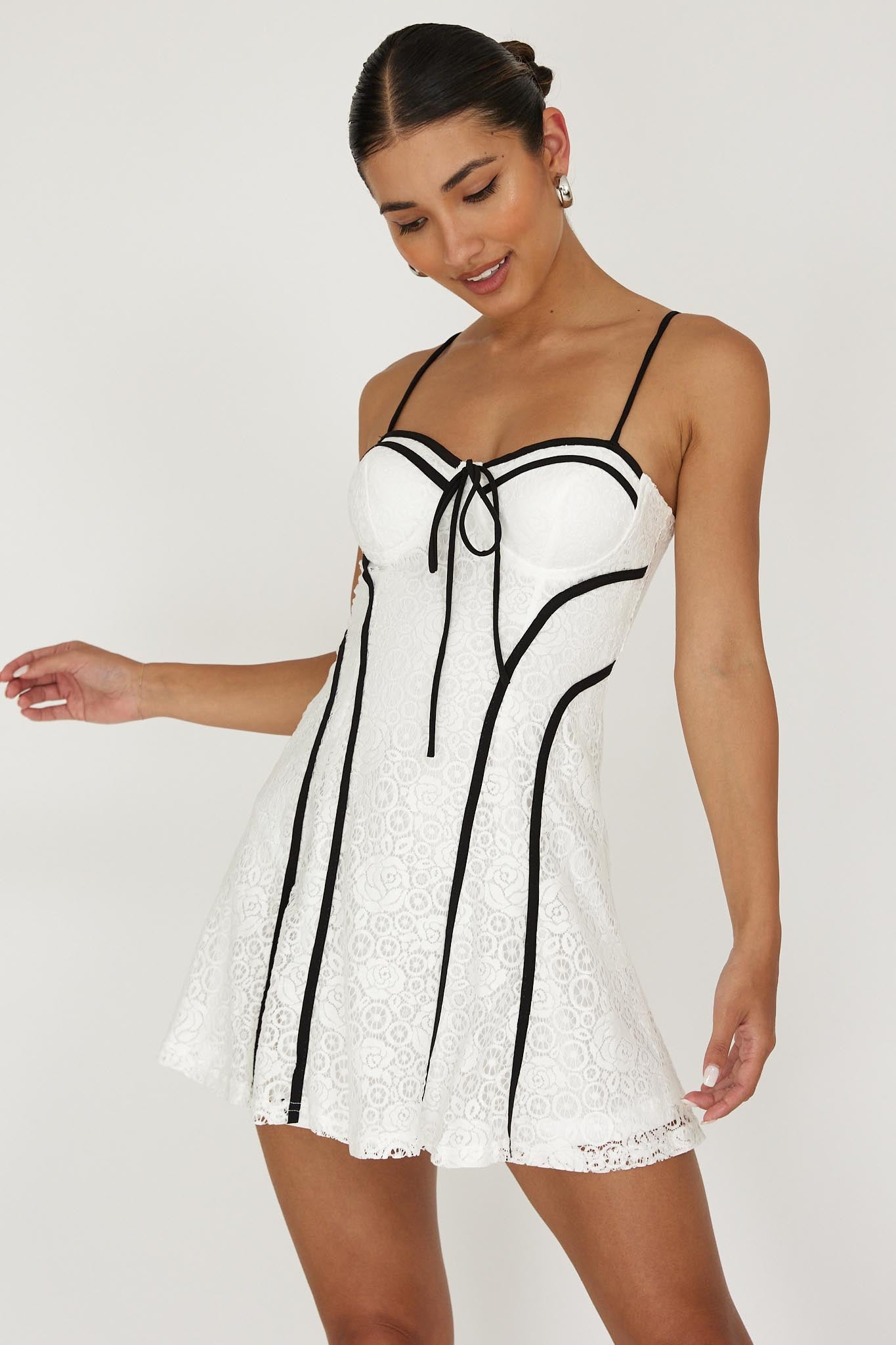 Find Your Way Lace Piping Mini Dress White-Maymioy