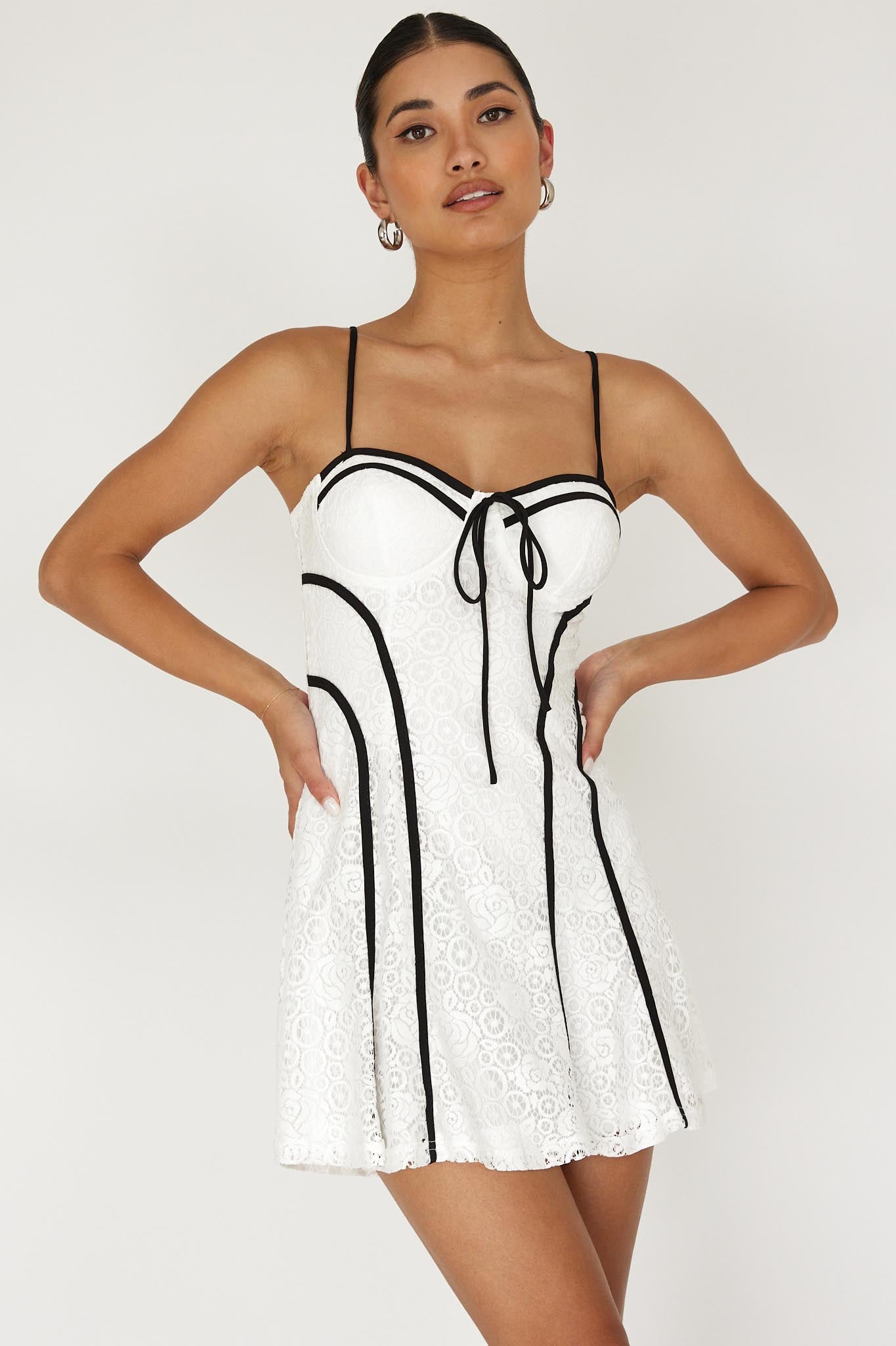 Find Your Way Lace Piping Mini Dress White-Maymioy