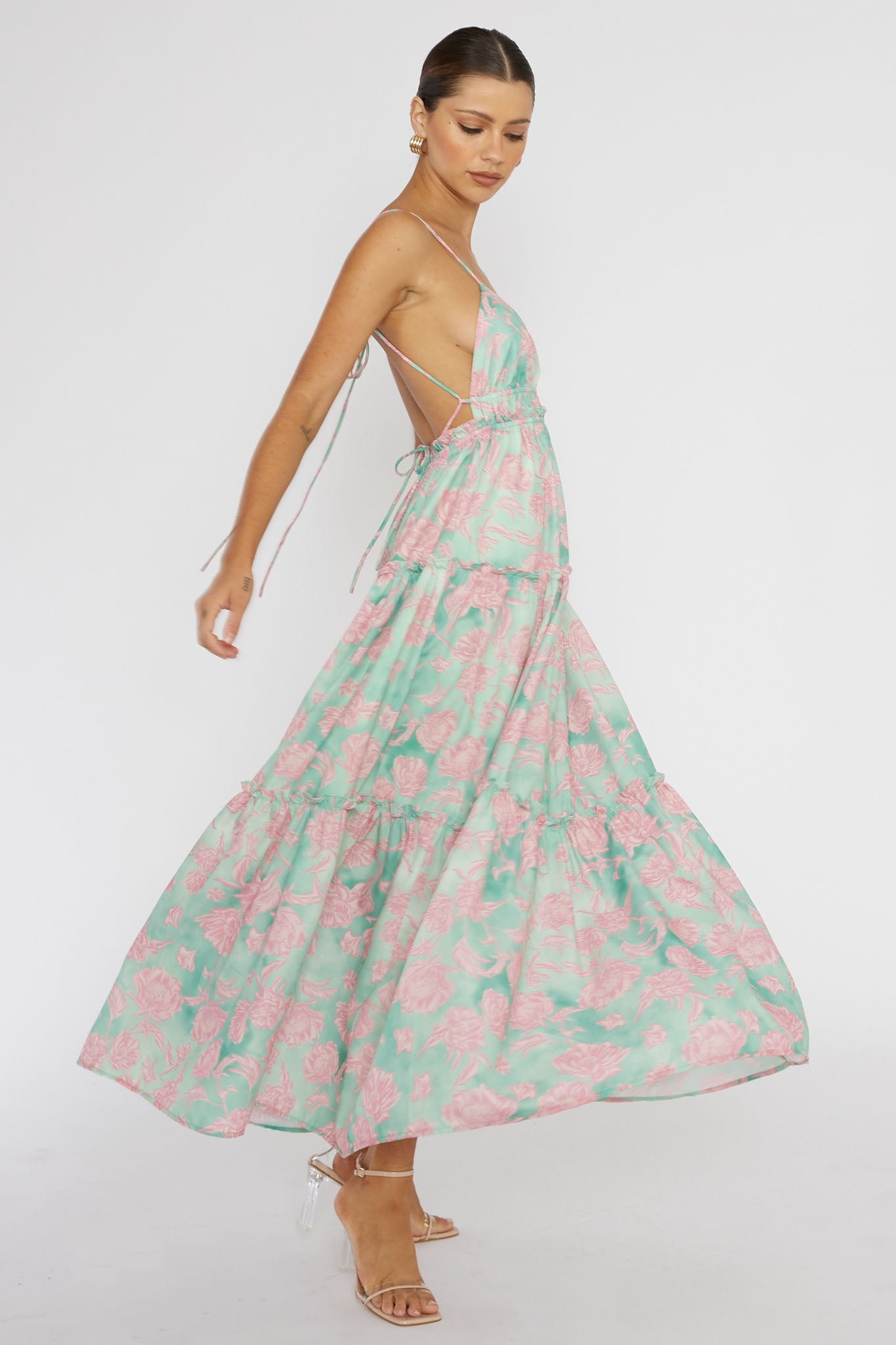 Candid Shot Open Back Midi Dress Floral Pink-Maymioy