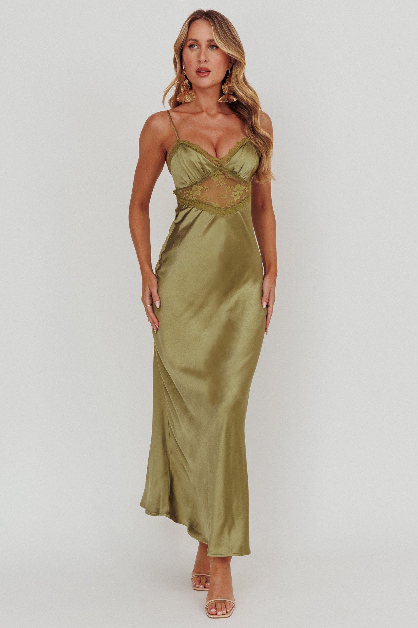 Her theory Lace Trim Maxi Dress Olive-Maymioy