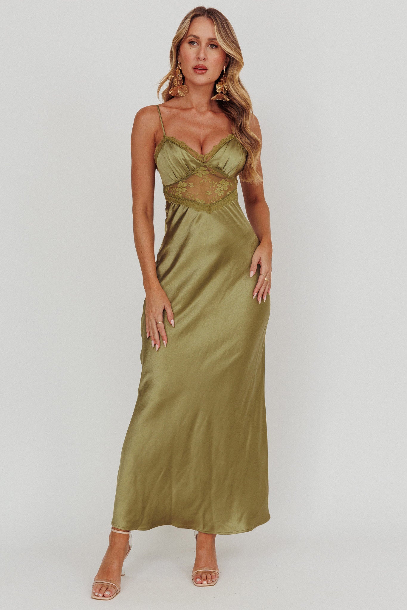 Her theory Lace Trim Maxi Dress Olive-Maymioy