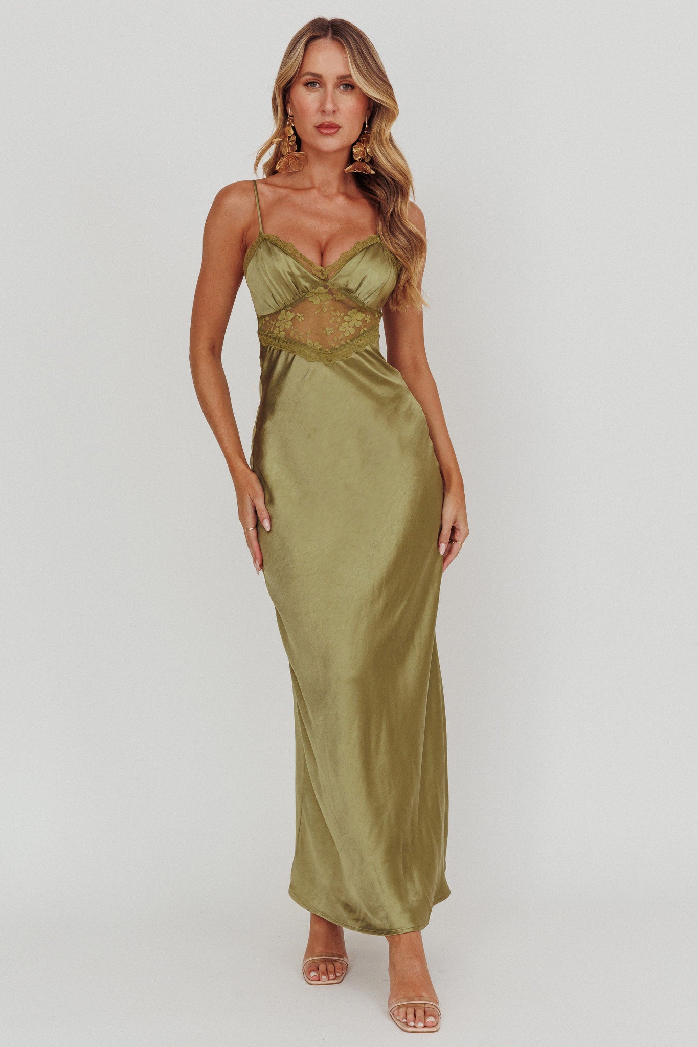 Her theory Lace Trim Maxi Dress Olive-Maymioy
