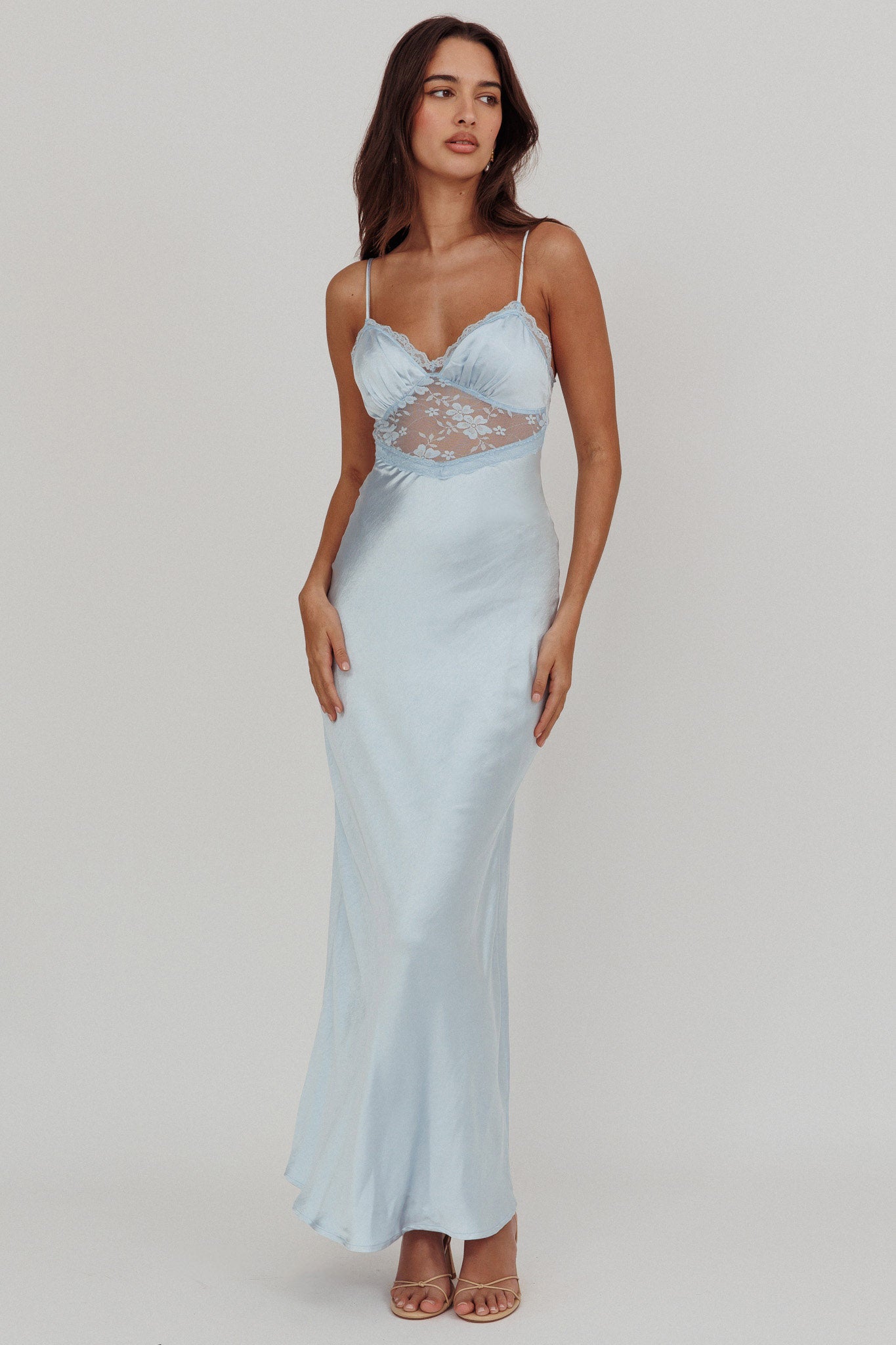 Her theory Lace Trim Maxi Dress Steel Blue-Maymioy