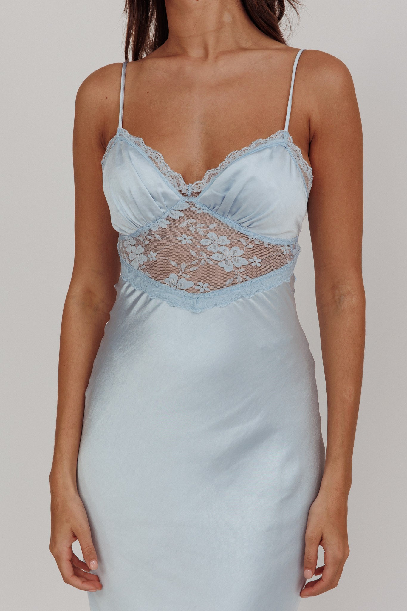 Her theory Lace Trim Maxi Dress Steel Blue-Maymioy