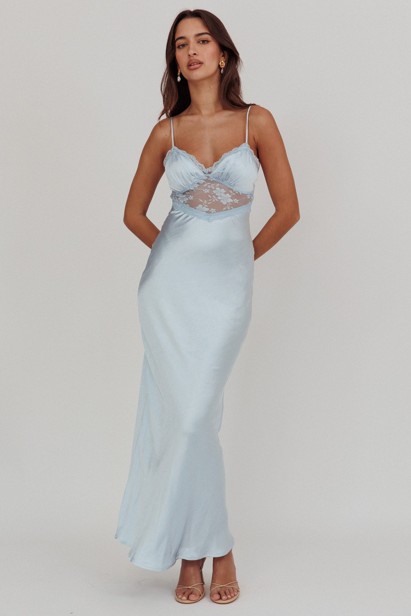 Her theory Lace Trim Maxi Dress Steel Blue-Maymioy
