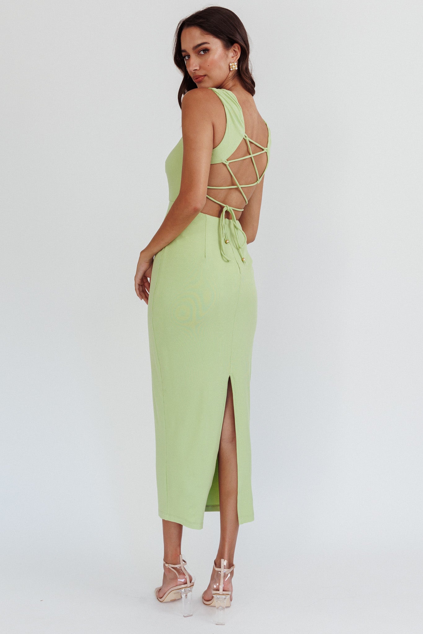 Jennine Lace-Up Back Midi Dress Matcha-Maymioy
