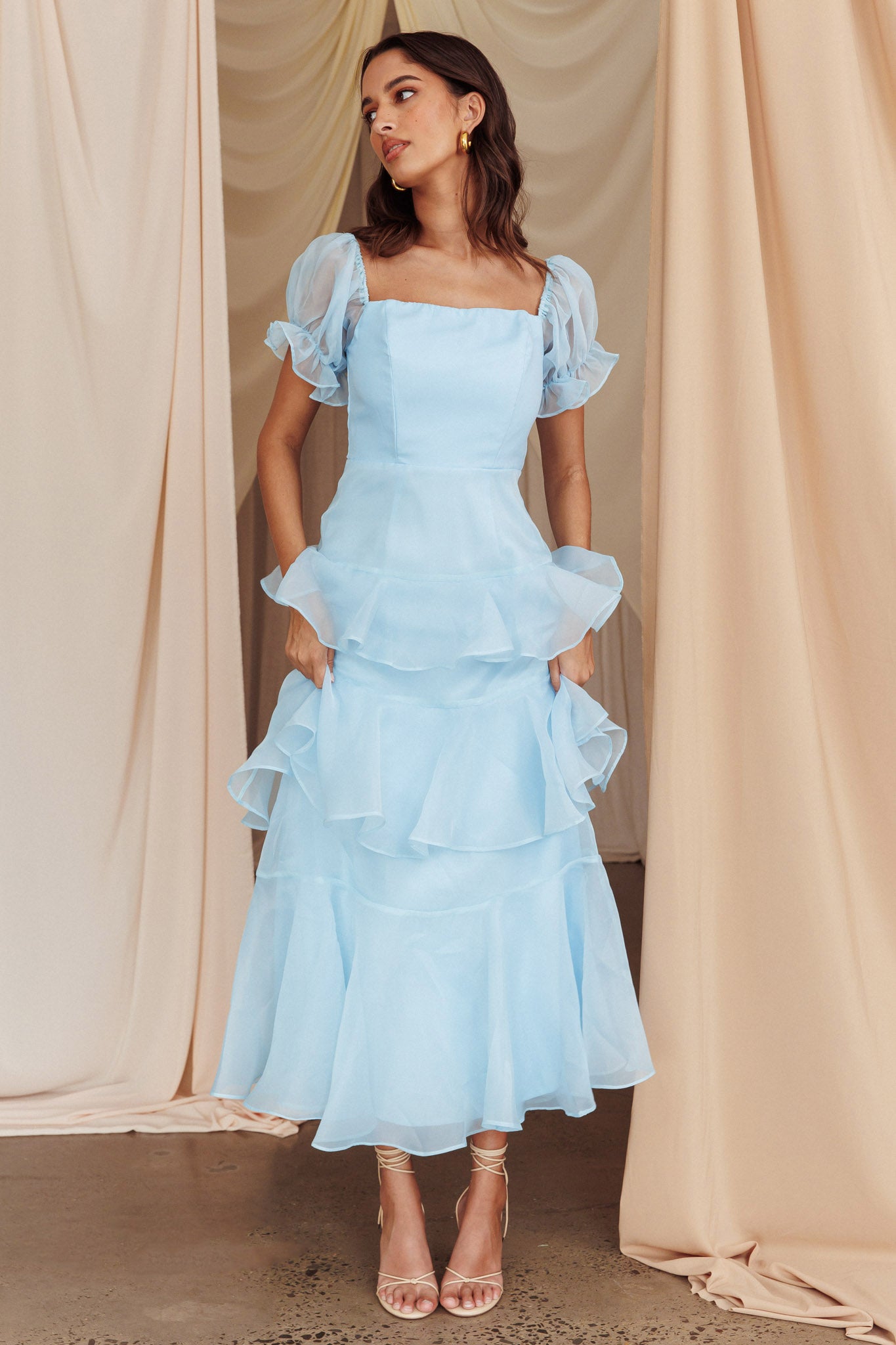 Delwynn Puff Sleeve Layered Midi Dress Blue-Maymioy