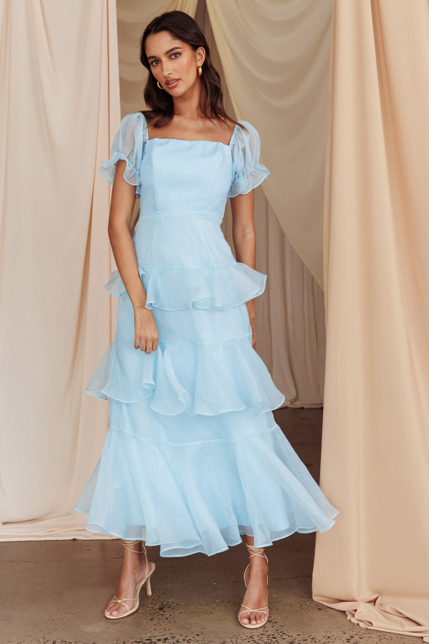 Delwynn Puff Sleeve Layered Midi Dress Blue-Maymioy
