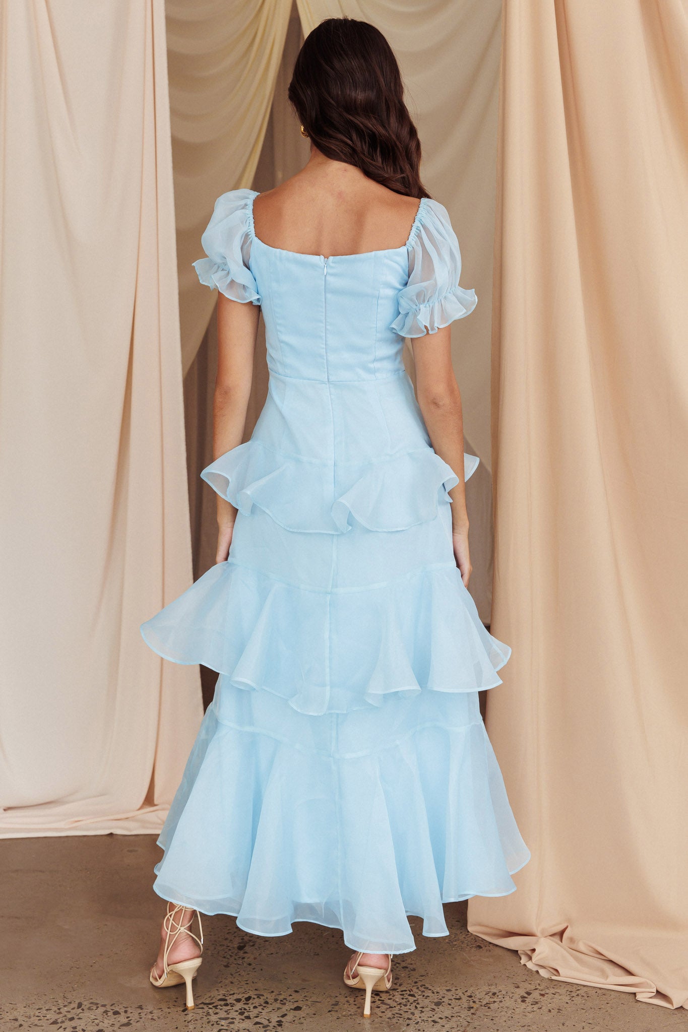 Delwynn Puff Sleeve Layered Midi Dress Blue-Maymioy