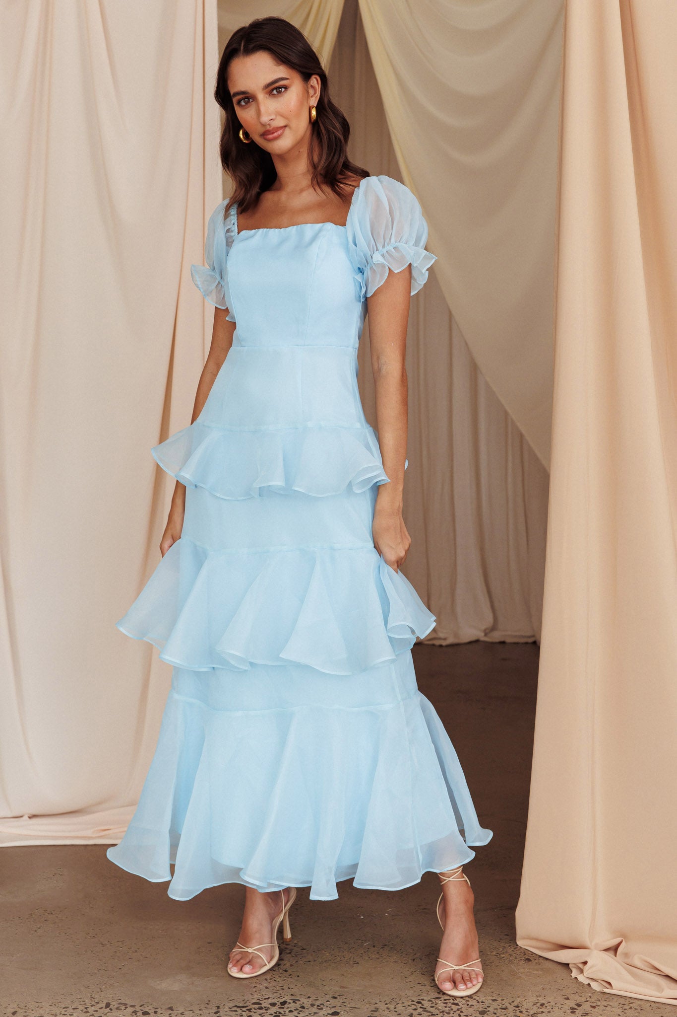 Delwynn Puff Sleeve Layered Midi Dress Blue-Maymioy