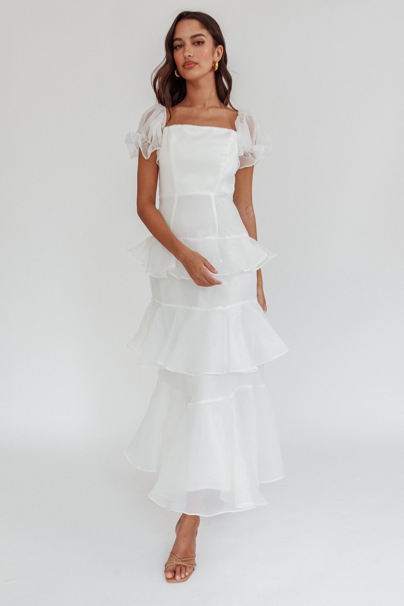 Delwynn Puff Sleeve Layered Midi Dress White-Maymioy