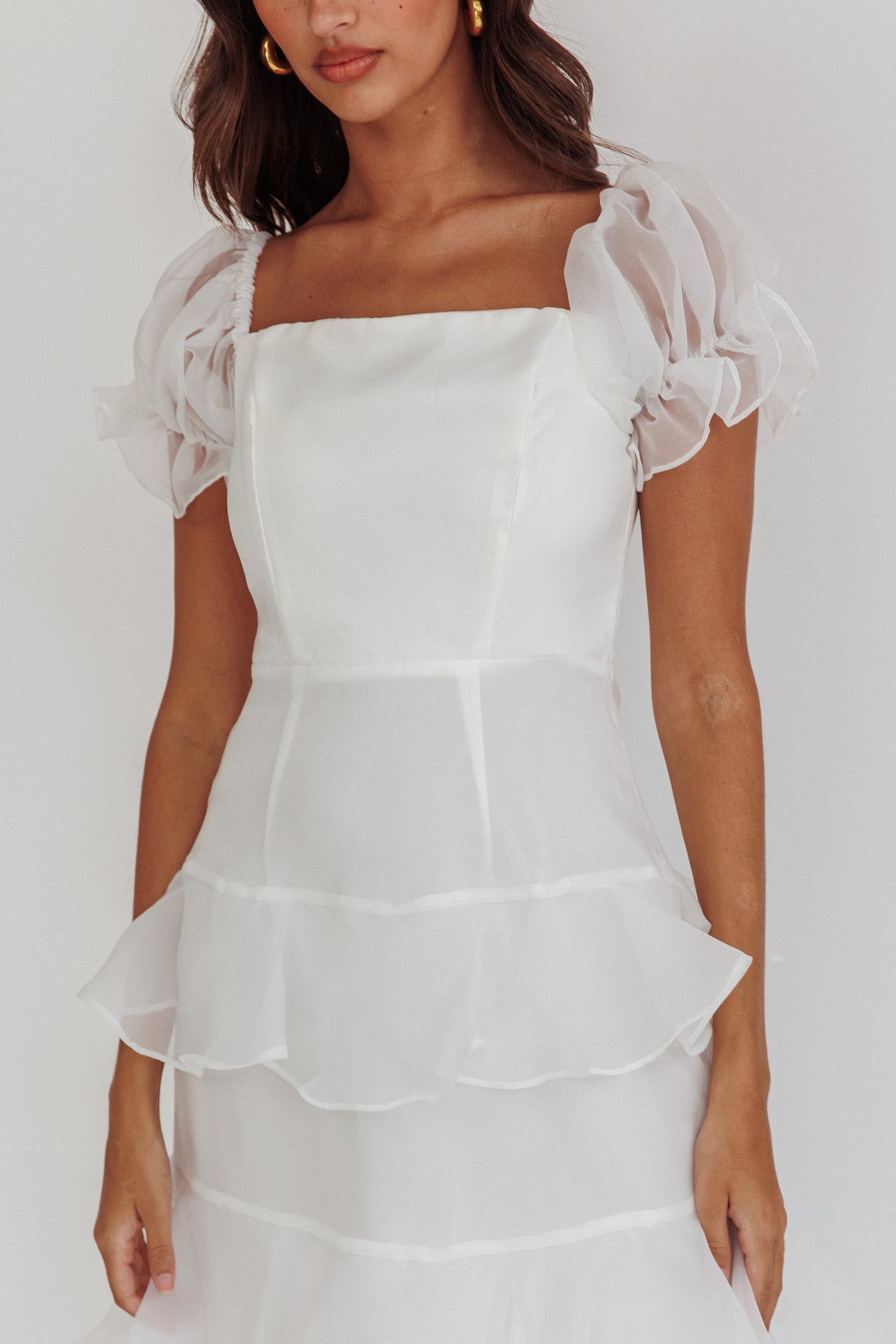 Delwynn Puff Sleeve Layered Midi Dress White-Maymioy