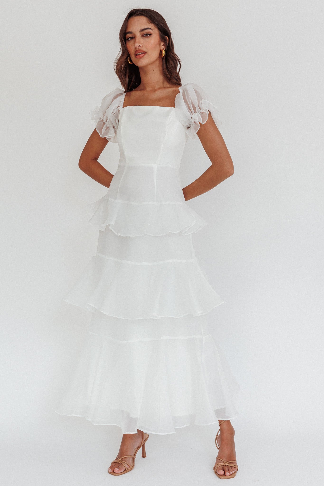 Delwynn Puff Sleeve Layered Midi Dress White-Maymioy