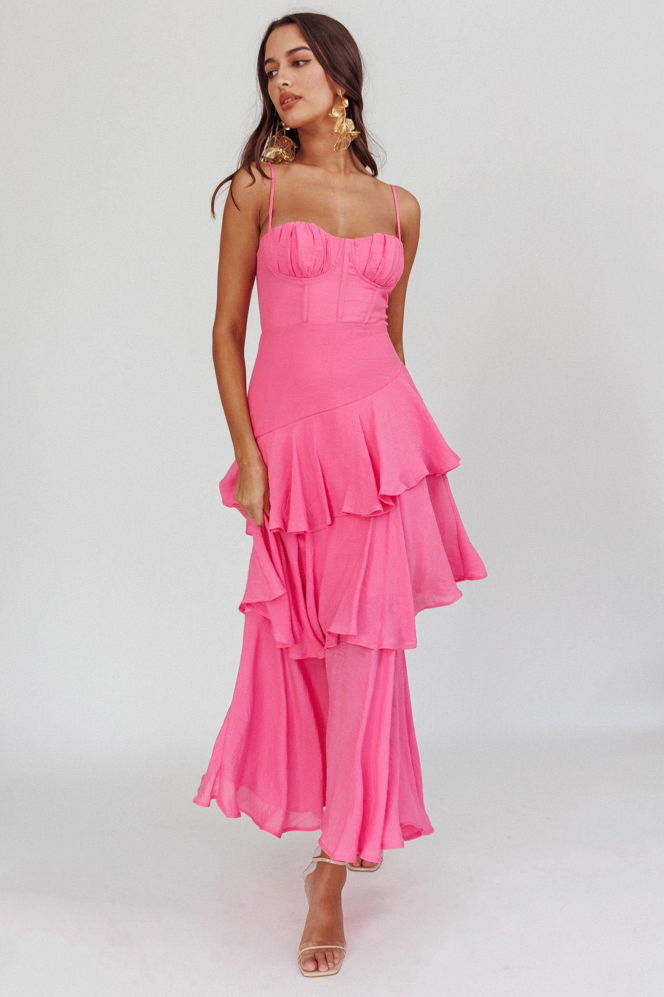 Madrid Summer Tiered Ruffle Maxi Dress Pink-Maymioy