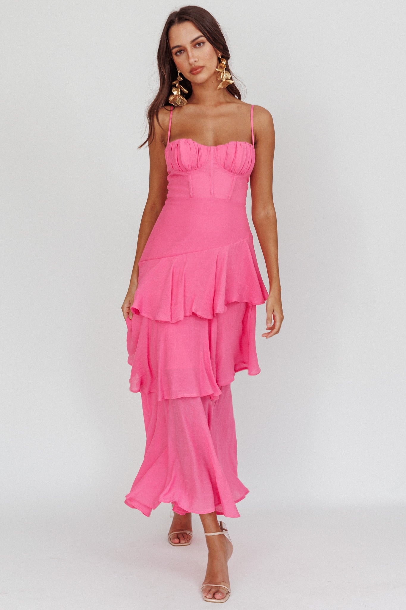 Madrid Summer Tiered Ruffle Maxi Dress Pink-Maymioy